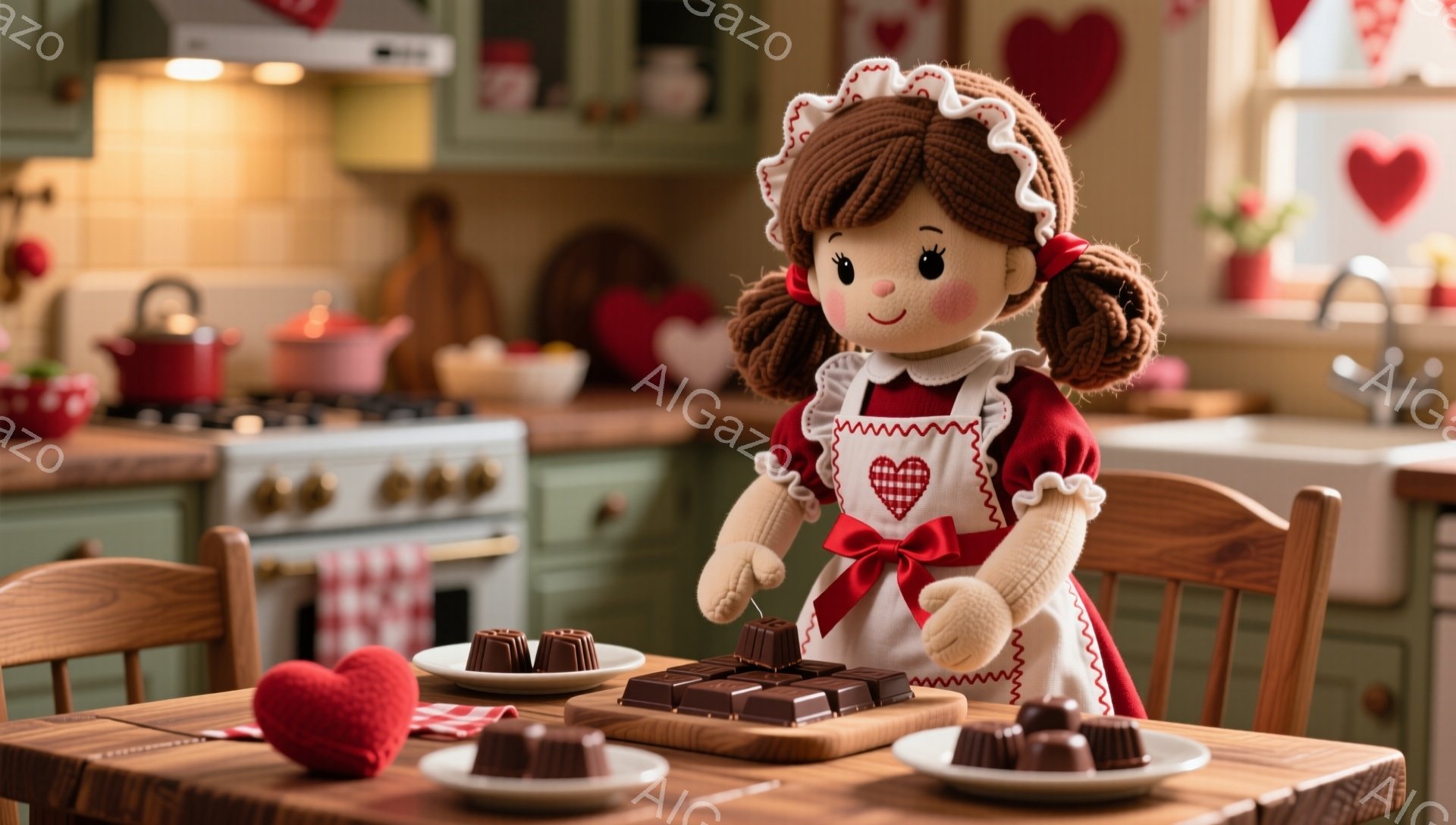 赤毛で巻き毛の髪型をした少女の人形が、白いフリルのついた帽子と赤いエプロン姿で立っています。彼女は明るい笑顔を浮かべ、チョコレートが並べられた木の板の前に立っています。背景は緑色のキャビネットと赤いハートの飾りがあるキッチンで、暖かく家庭的な雰囲気が漂っています。