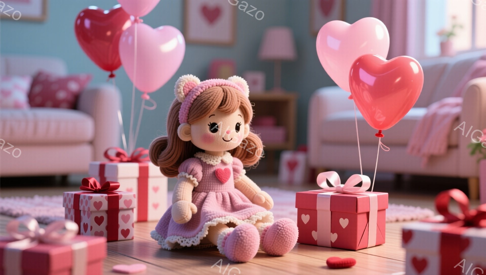 明るいピンク色の部屋の中に、可愛らしい人形が座っています。人形はピンクのワンピースと白いレースのフリル、頭にはリボンとふわふわの髪型をしています。周りにはハート型のバルーンやプレゼントボックスが散らば - AI生成フリー素材
