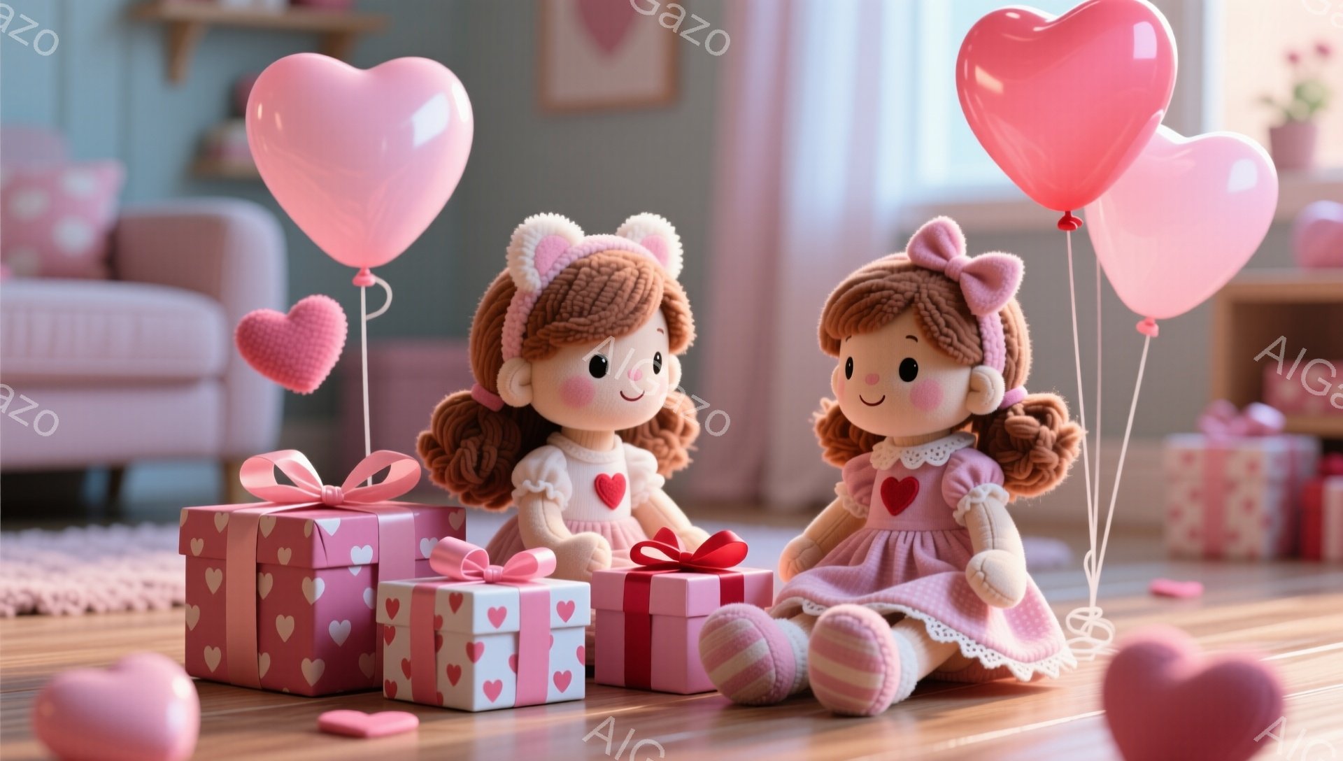 明るいピンク色を基調とした背景に、茶髪の巻き毛で赤いリボンをつけた人形が2体、プレゼントとハート型の風船に囲まれて座っています。人形はそれぞれピンク色のドレスに白い靴下を履き、にっこりと微笑んでいます - AI生成フリー素材
