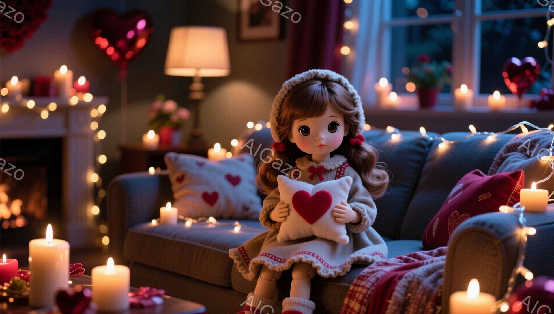 明るい茶色の巻き毛の少女が、灰色のソファに座って赤いハート型のクッションを抱えています。彼女はクリーム色のニット帽と、赤いリボンが付いた淡いピンク色のコートを着ており、赤いストライプのブランケットが膝にかかっています。背景にはたくさんのキャンドルと光の飾りが暖かく灯り、ロマンチックで心地よい雰囲気を醸し出しています。
