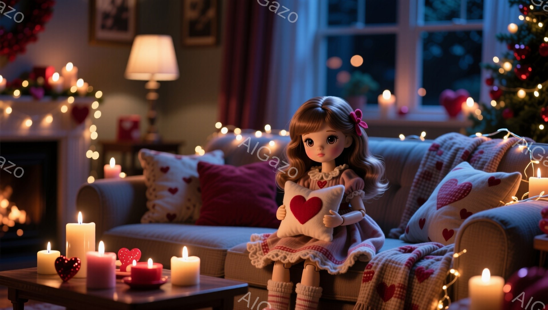 温かい光に包まれたリビングに、ピンク色のワンピースを着た少女が座っています。彼女はハート型のクッションを抱き、優しい表情を浮かべており、周囲にはキャンドルやハート形の飾り付けが散りばめられています。背景にはクリスマスツリーが飾られ、暖かくロマンチックな雰囲気が漂っています。