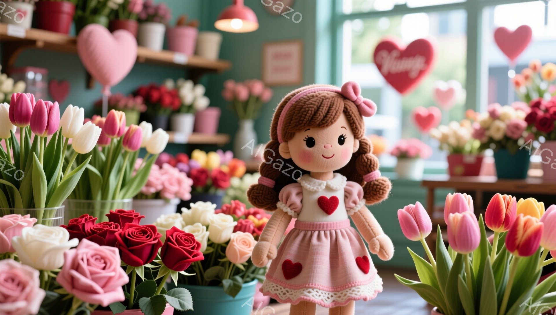 画像は花屋を背景にした人形のクローズアップです。人形はカールした茶色の髪、ピンクのドレス、そして顔に愛らしい笑顔を浮かべています。背景には、赤、白、ピンクのチューリップやバラなど、様々な色の花が並び、ハートの装飾が施された暖かくロマンチックな雰囲気が漂っています。