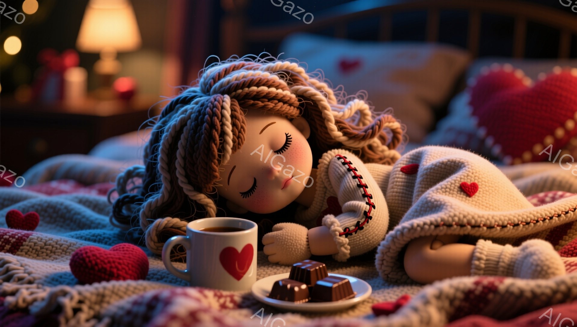 毛糸で作られたように見える人形が、赤いハート模様の毛布に包まれて眠っています。人形は茶色の編み込みヘアスタイルで、閉じられた目で穏やかな表情をしています。背景には、温かい光を放つランプと、チョコレートが並んだ皿、そして赤いハートの装飾が散りばめられた快適な雰囲気があります。