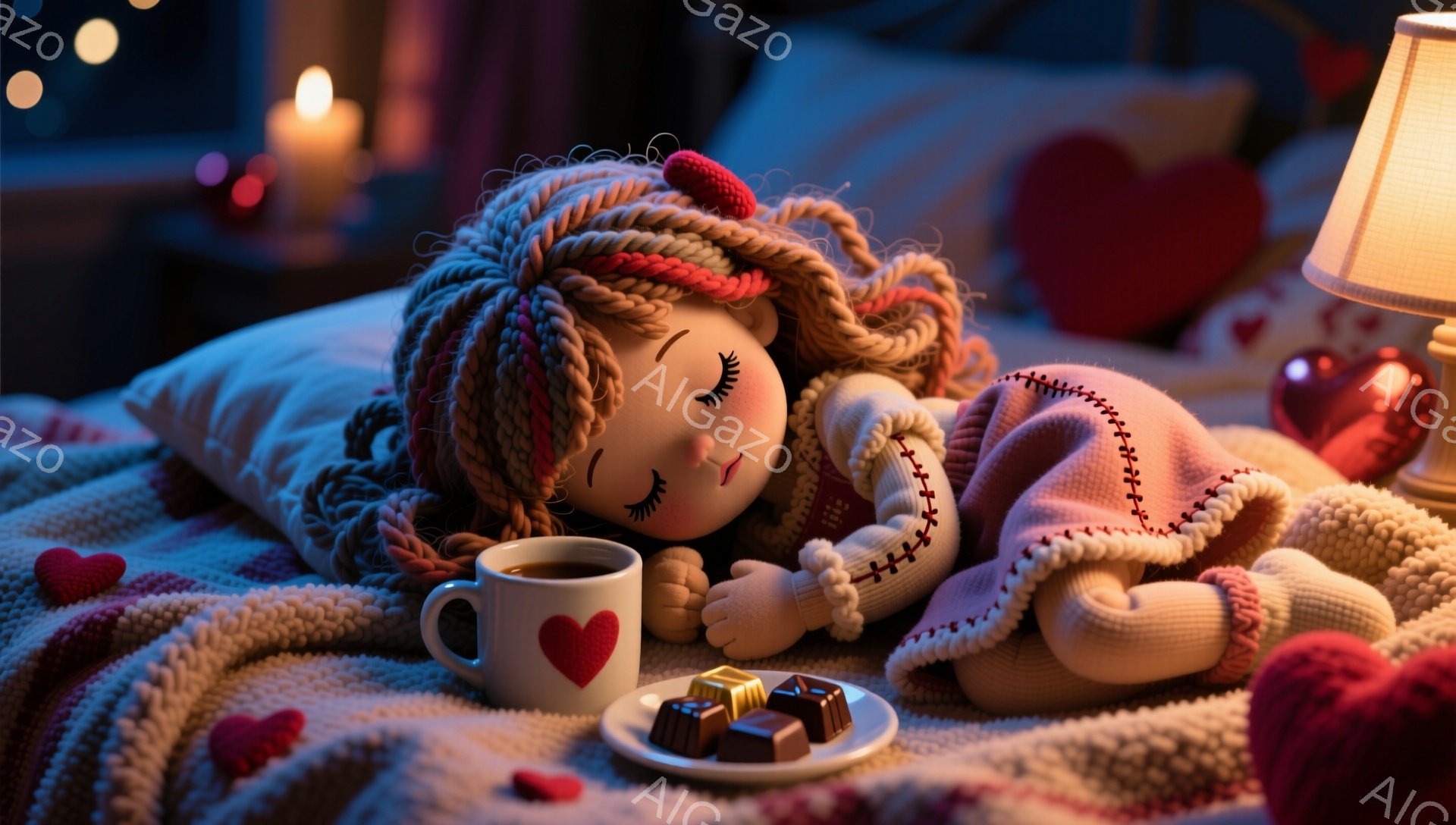 縫いぐるみの女の子がお昼寝をしている様子が描かれています。彼女は赤と茶色の編み込みの髪をしており、縫い付けられたまどろっこしい目をしています。背景には、ハート型の飾り、カップに入った飲み物、チョコレート、そして柔らかな光を放つランプが見え、温かく穏やかな雰囲気を醸し出しています。