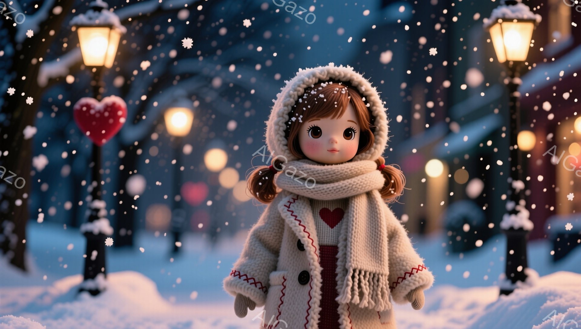 少女は白いコートとニット帽を着用し、首に赤い縞模様のスカーフを巻いています。彼女は少し微笑み、両手を前に出して立っており、雪が降る夜の街並みを背景にしています。街路灯が暖かく光り、雪景色の中に可愛らしい雰囲気を醸し出しています。