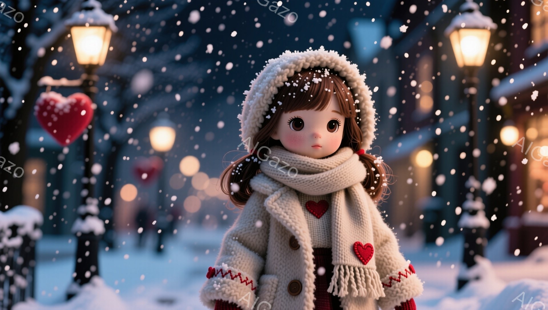 明るい雪景色の中、少女が立っている。彼女はオフホワイトのコート、赤いチェック柄のスカーフ、ポンポン付きの帽子を身に着けており、コートには可愛らしいハートのモチーフが付いている。背景にはぼやけた街並みと、雪が降る夜の灯りが温かい雰囲気を醸し出している。