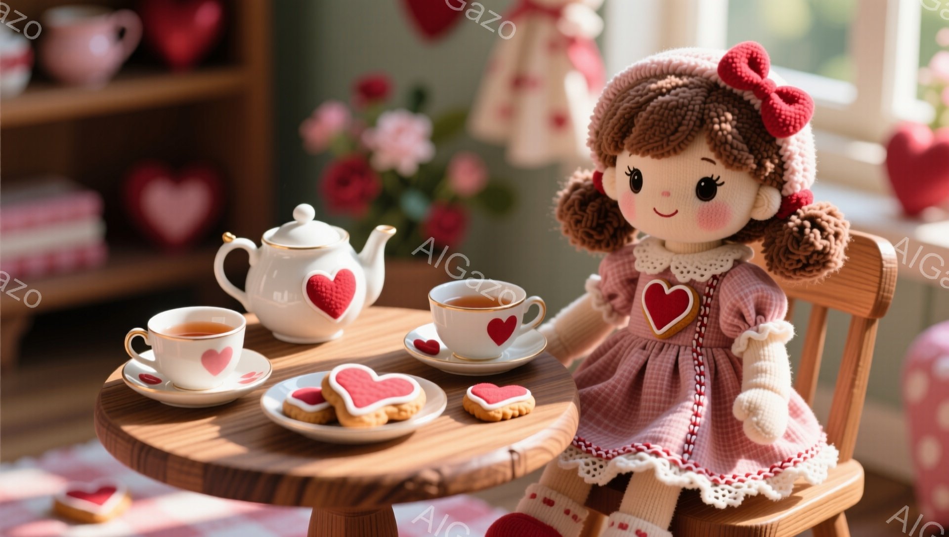 明るいピンク色のワンピースを着た、赤いリボンと巻き毛の髪の少女の人形が、小さな丸いテーブルを囲んでティータイムを楽しんでいます。テーブルの上には、ハート型のクッキーとティーポット、ティーカップが並び、 - AI生成フリー素材