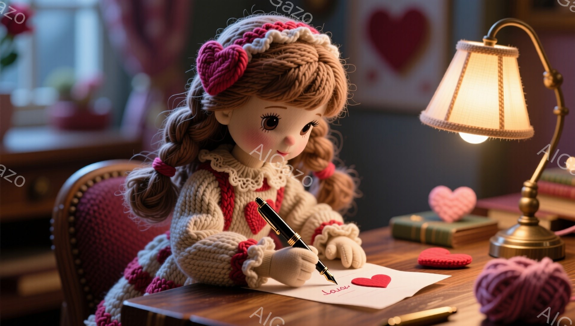 編み物で作られたような可愛らしい人形が、木製の机で手紙を書いています。人形は赤いリボンとカールした茶色の髪、そして優しい表情をしており、赤いハート模様のセーターを着ています。机の上にはペン、インク瓶、ハート型の飾り、そして毛糸玉が置かれ、背景にはぼんやりと家具が見え、温かくロマンチックな雰囲気が漂っています。