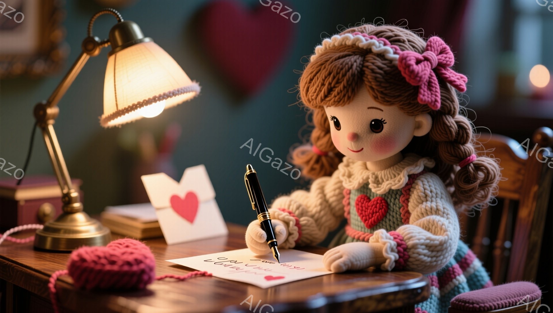 明るい黄色のランプの下で、茶色の巻き毛にピンクのリボンをつけた人形が手紙を書いています。人形は緑のセーターを着ており、胸元には赤いハートのモチーフが付いています。背景には木製のテーブルと、ピンクの毛糸玉、そしてぼんやりとした光の中で他の物が少しだけ見えます。