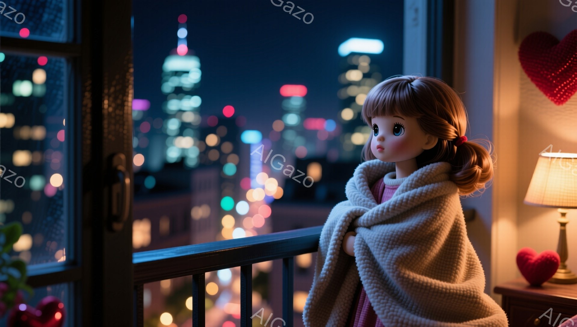 暗い夜景を背景に、人形がバルコニーに立っている。人形はピンクの服を着ており、白い毛糸のショールを羽織り、茶色の巻き毛の髪をしている。背景には、光り輝く高層ビル群が広がり、暖色のランプと赤いハート型の装飾が、温かくロマンチックな雰囲気を醸し出している。
