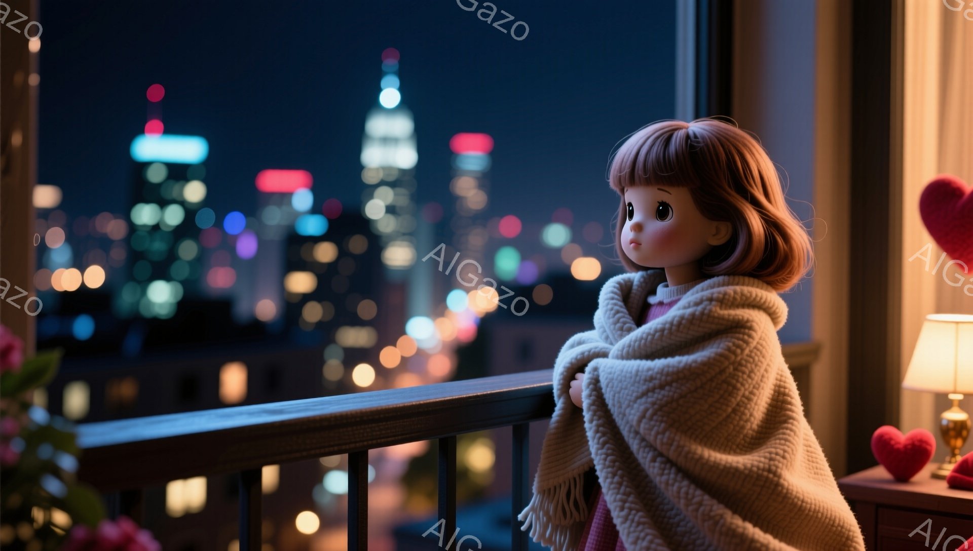 少女はバルコニーの手すりに寄りかかり、ふわふわのクリーム色のショールを身にまとっています。彼女は赤茶色の短い巻き毛で、表情は物憂げで遠くを見つめています。背景には夜景が広がり、きらめく都市の光が彼女を照らし、室内には温かい光のランプと赤いハートの置物が置かれています。