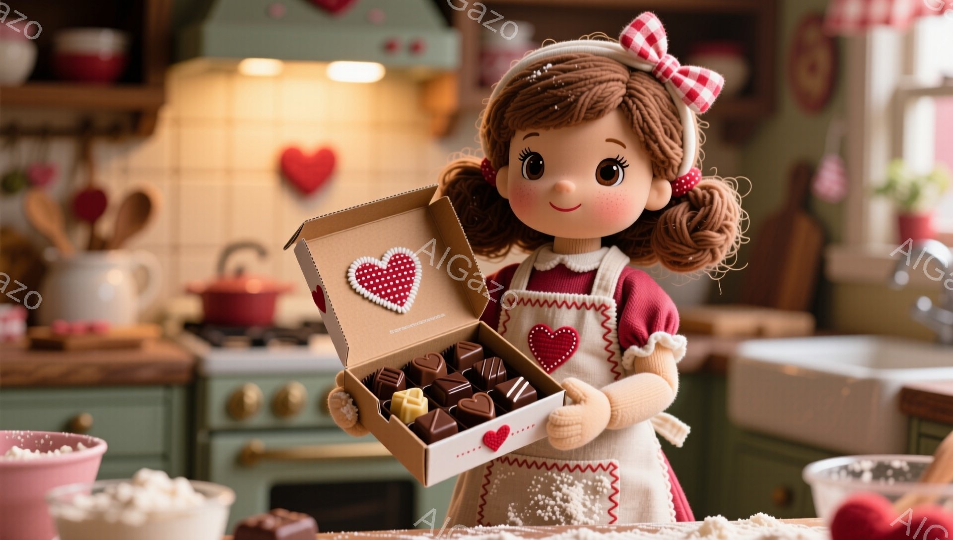 明るいキッチンで、茶色の巻き毛に赤いリボンをつけた少女がチョコレートの箱を持っています。彼女は赤い水玉模様のエプロンを着ており、笑顔で箱を見つめています。背景には、調理器具や食材が散りばめられ、暖かく幸せな雰囲気が漂っています。