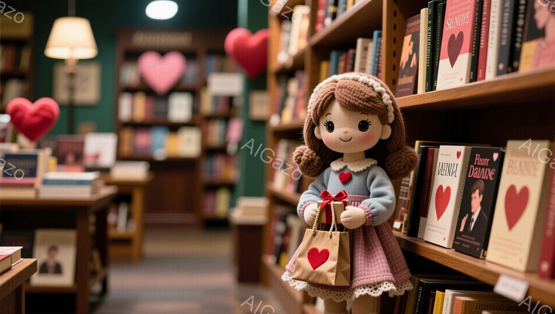 本棚の間に置かれた人形は、茶色の巻き毛で、赤いドレスを着ています。人形は小さな赤いショッピングバッグを持っており、中にはリボンで結ばれたプレゼントが入っています。背景には本の棚が並び、暖色系の照明とハート型の飾り付けがロマンチックな雰囲気を醸し出しています。