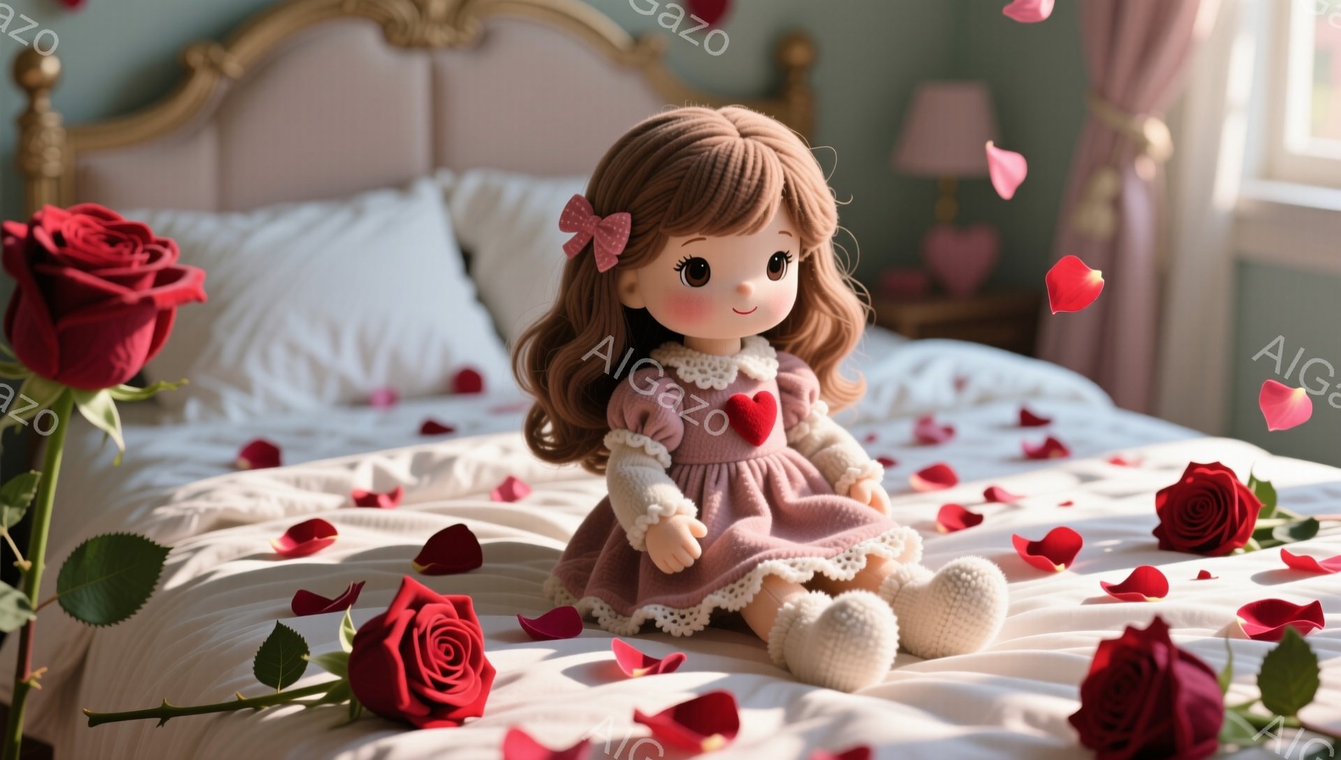 可愛らしい人形がベッドの上に座っており、薄いピンク色のニットワンピースに白いレースの縁取りがあり、赤いハート形のモチーフが胸元に付いています。人形は茶色の巻き毛で、頭にはピンクのリボンをつけており、頬はほんのり赤く、優しい表情を浮かべています。背景には赤いバラや花びらが散りばめられ、ロマンチックで温かい雰囲気が漂っています。