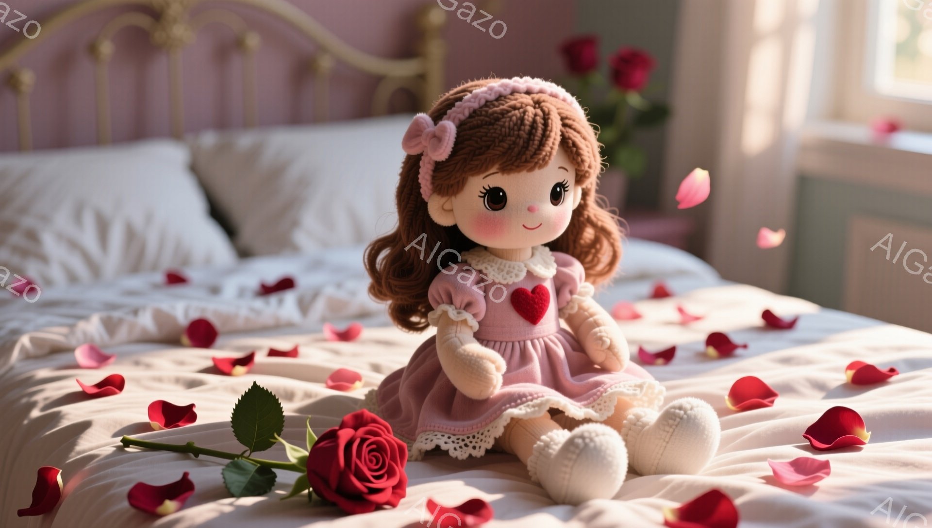 赤毛の巻き髪にピンクのヘッドバンドをつけた、愛らしい布製の女の子のぬいぐるみです。淡いピンク色のワンピースを着ており、胸元にはハート型のモチーフが付いています。白いレースのフリルが可愛らしい印象を与え、周りにはバラの花びらが散りばめられたベッドの上に座っています。