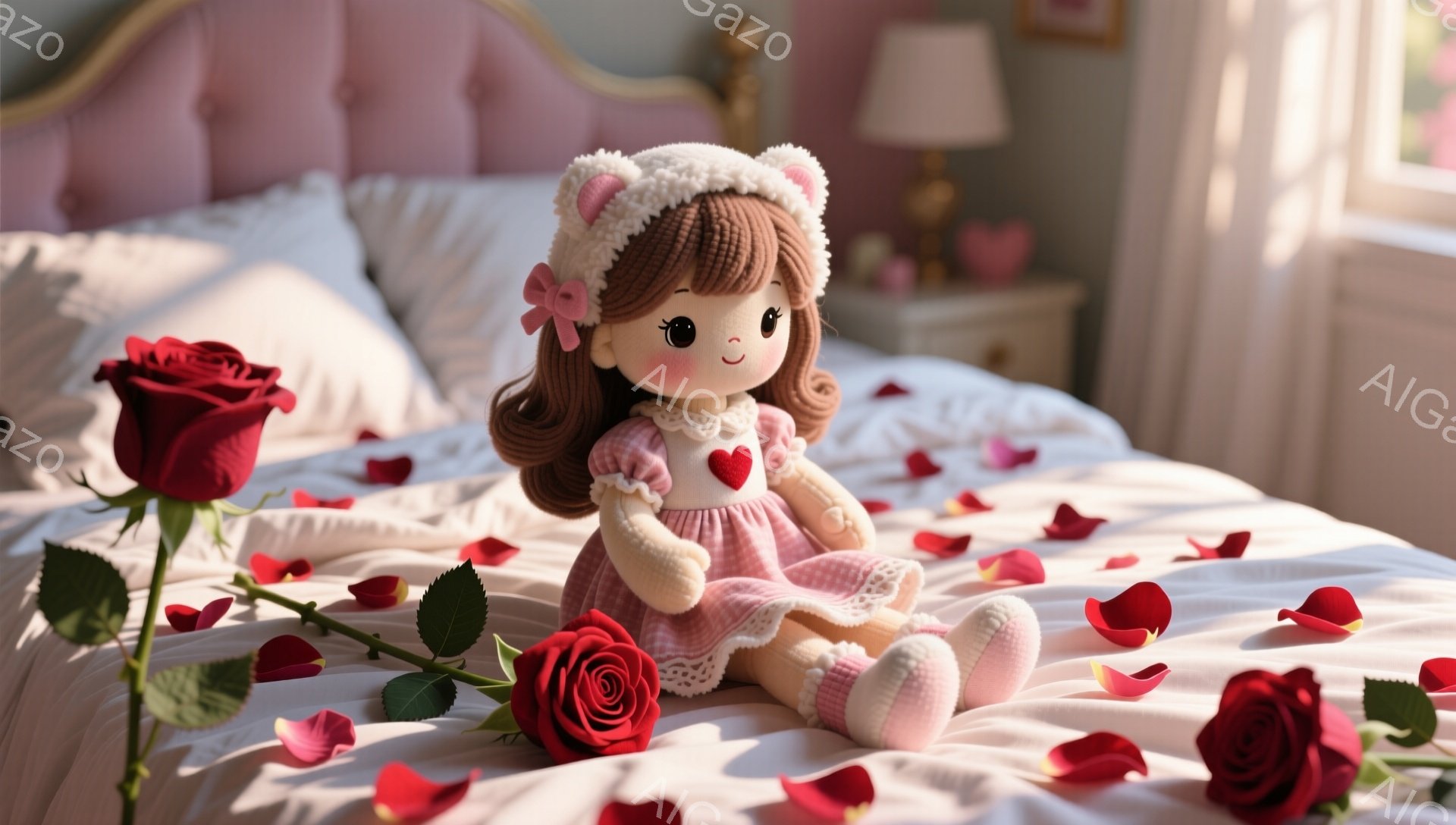 ふわふわの茶色の髪に白いヘッドバンドをつけた、可愛らしい少女の人形がベッドの上に座っています。ピンクと白のギンガムチェックのワンピースを着ており、胸元にはハート型の飾りがあります。ベッドの上にはバラの - AI生成フリー素材