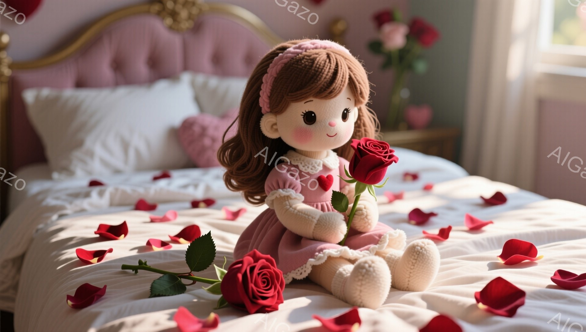 柔らかい毛並みの可愛らしい人形が、ピンク色のベッドの上に座って赤いバラを抱えています。人形はカールした茶色の髪にピンクのリボンをつけ、頬は赤く、優しい表情をしています。背景にはフリル付きのベッドヘッドボードや、バラの散りばめられた白いベッドシーツが見え、全体的にロマンチックで温かい雰囲気です。