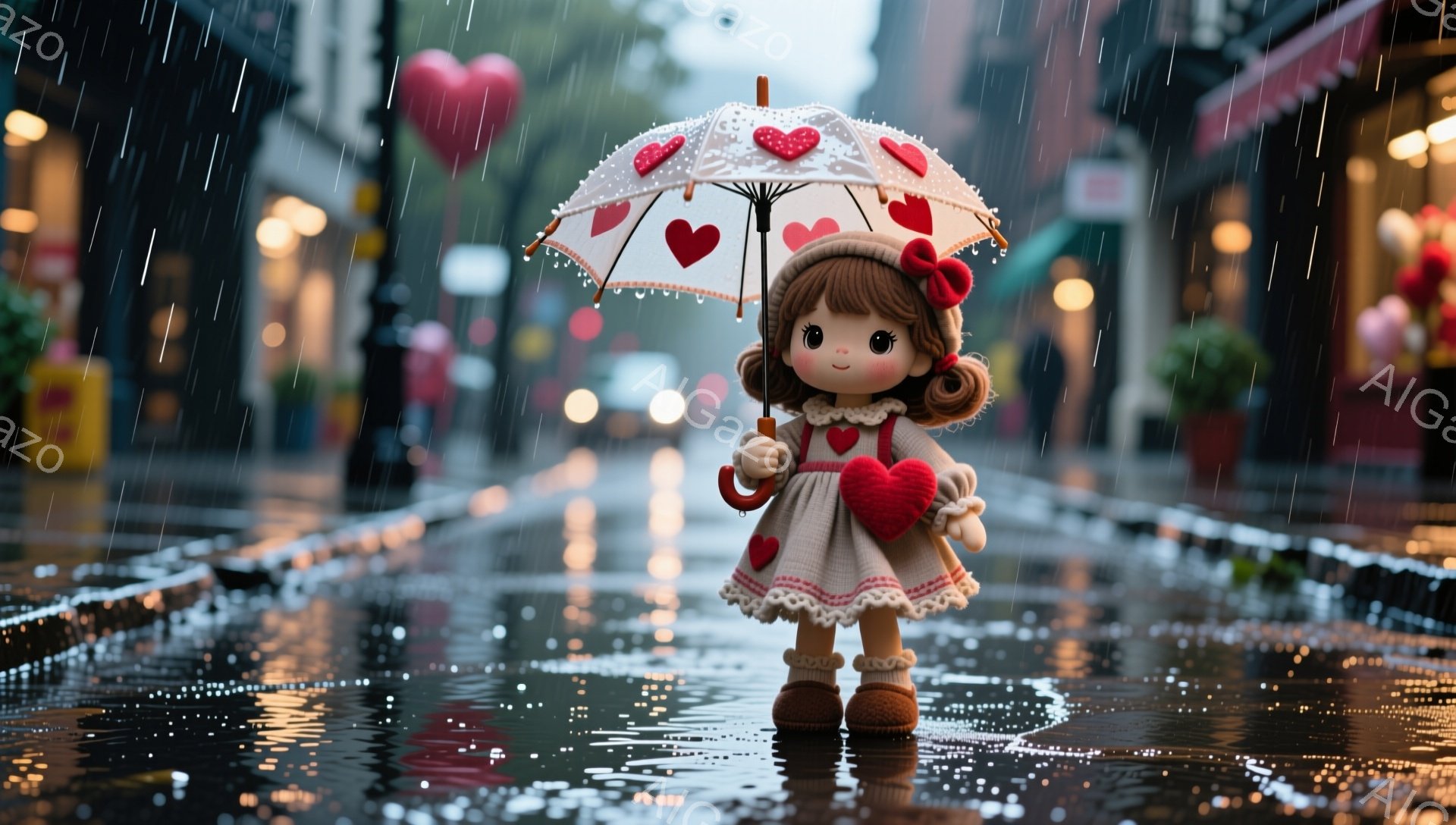 雨の降る夜の街並みに、可愛らしい人形が立っている。赤いハート柄の傘と赤いハート型のバッグを持ち、薄茶色のワンピースと茶色のブーツを履いている。背景にはぼやけた街灯やお店、そして雨に濡れた路面が広がっており、全体的にロマンチックで夢のような雰囲気を醸し出している。