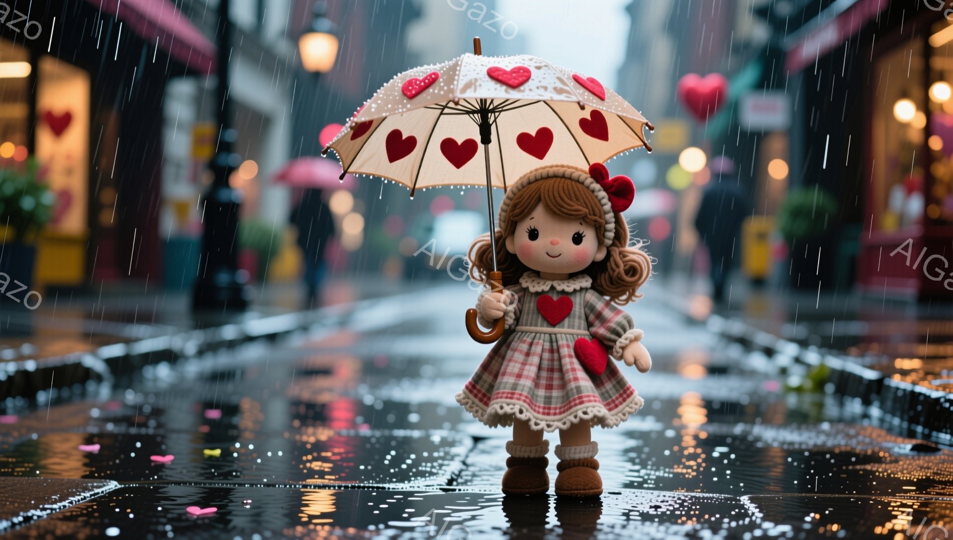小さな女の子の人形が、赤いハート模様の傘をさして雨の日に立っています。チェック柄のワンピースと、茶色のブーツを履き、髪はカールして可愛らしい表情をしています。背景には、雨に濡れた街並みと、ぼやけた人影が見え、どこかノスタルジックで温かい雰囲気が漂っています。