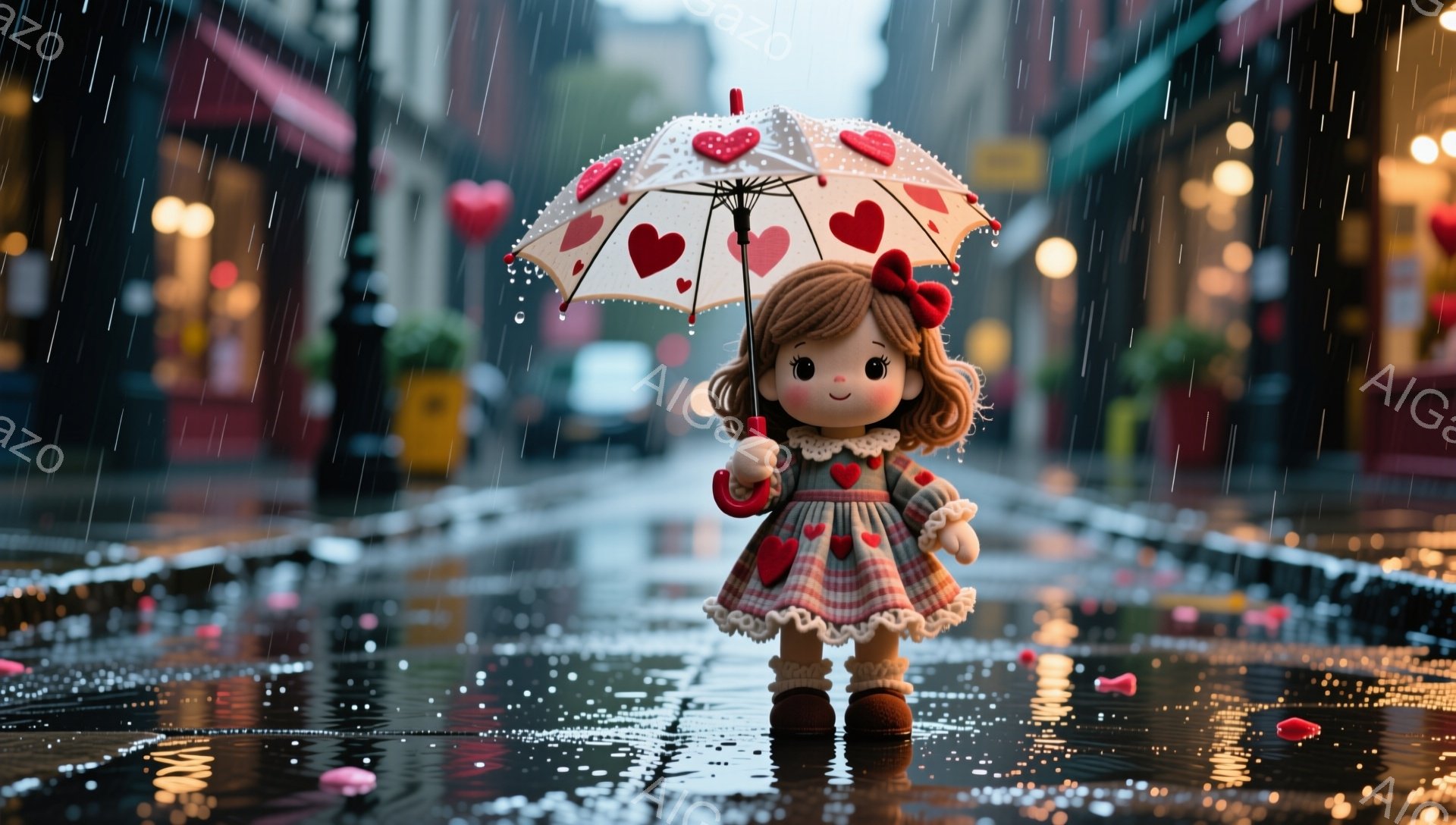 明るい赤と白のハート柄の傘をさした、愛らしい人形が雨の日に立っています。人形はチェック柄の赤いワンピースに黒い靴を履いており、茶色の髪はカールしてリボンで結ばれています。背景は雨に濡れた街並みで、ぼやけた光が道路に反射し、ロマンチックで少し物憂げな雰囲気を醸し出しています。
