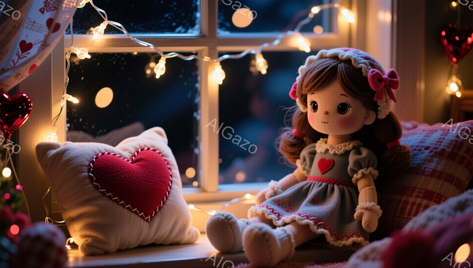 温かい光に包まれた窓辺に、赤いリボンをつけた茶色の髪の少女の人形が座っています。グレーのワンピースと白い靴を履き、少し寂しげな表情をしています。背景にはぼやけた街並みとクリスマスのイルミネーションが煌めき、穏やかでノスタルジックな雰囲気を醸し出しています。