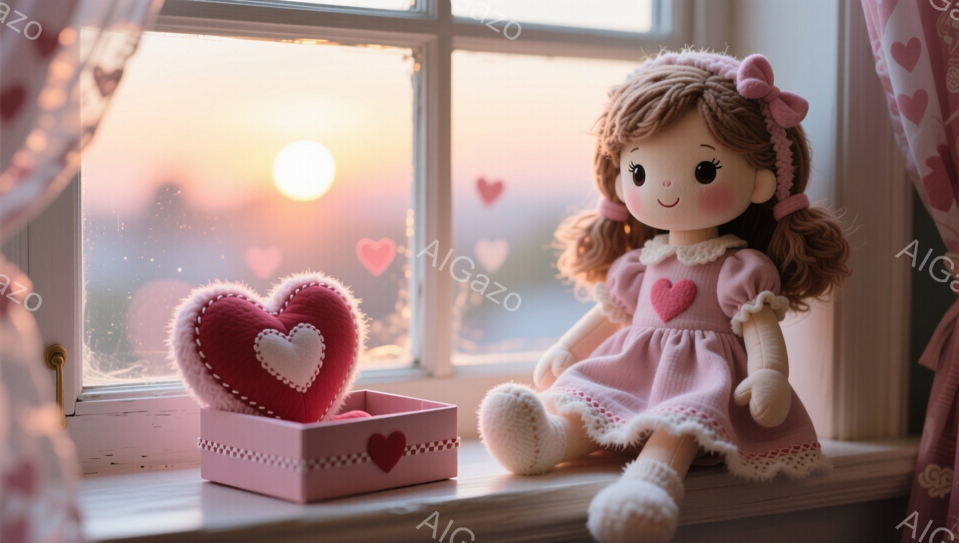 窓辺に座った茶色の巻き毛の女の子の人形が、ピンク色の可愛らしい服を着ています。彼女は白い縁取りのピンク色のドレスと、レースのついた靴下を履いています。背景には、夕焼けの空と、心臓の形をしたステッカーが貼られた窓があり、暖かい雰囲気を醸し出しています。