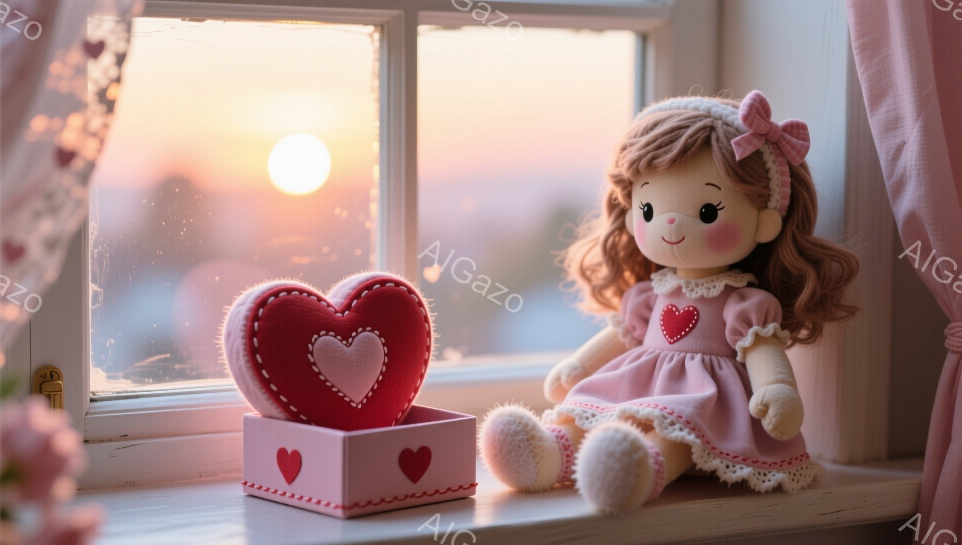 窓辺に座った可愛らしい人形が写っている。ピンク色のドレスにレースの装飾があり、茶色の髪はリボンで結ばれている。背景には夕焼けが広がり、暖かくロマンチックな雰囲気を醸し出している。