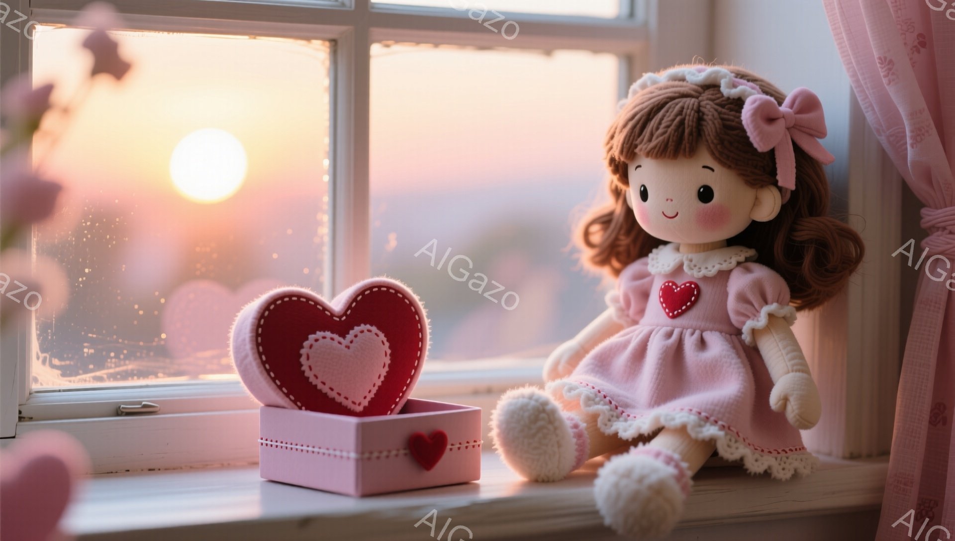 明るいピンク色の服を着た愛らしい人形が窓際に座っています。人形は赤いリボンで結んだ茶色の巻き毛を持ち、頬には可愛らしいチークが描かれています。背景には夕焼け空が見え、ロマンチックで暖かく、穏やかな雰囲気が漂っています。