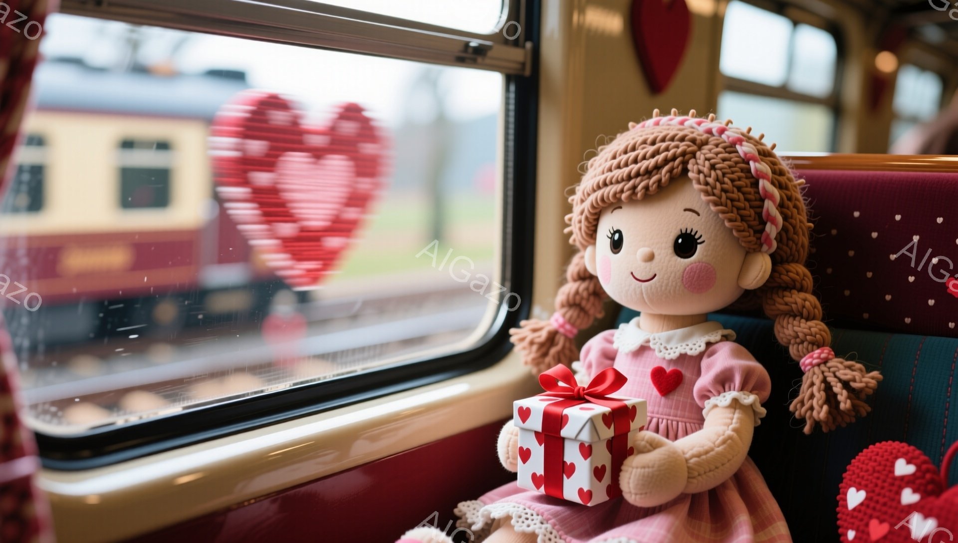 赤毛で三つ編みをした女の子の人形が、ピンク色のチェックのワンピースを着て、青いシートに座っています。人形は赤いリボンで結ばれた赤いギフトボックスを抱えており、穏やかな表情をしています。背景には、ハート型のステッカーが貼られた窓と、ぼやけた風景が見え、全体的に温かく、愛らしい雰囲気が漂っています。