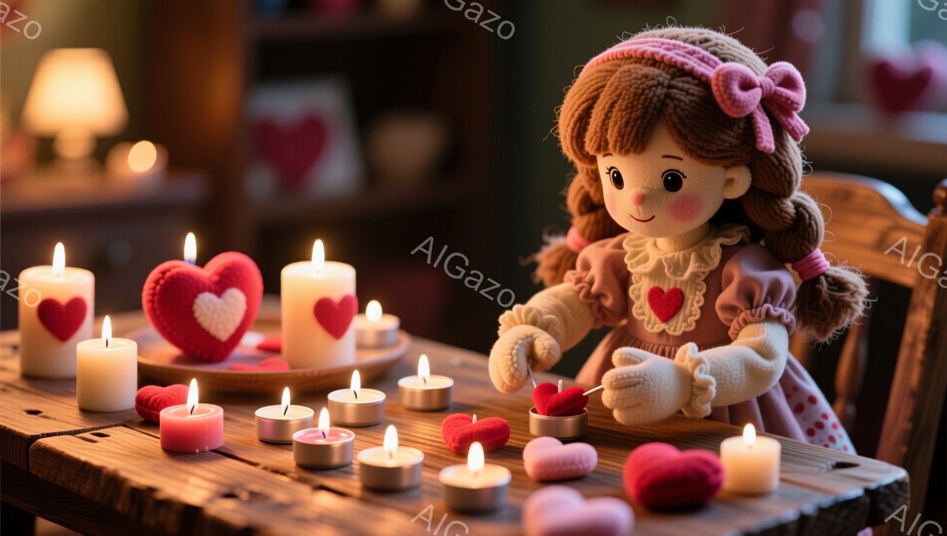 赤毛で三つ編みをした人形が、赤いハート型の飾りを縫い付けている様子が写っている。人形は赤い水玉模様のワンピースに、白い襟とフリルをつけた服を着ており、頭にはピンクのリボンをつけている。背景にはぼかしたキャンドルとハート型の装飾が散りばめられ、温かくロマンチックな雰囲気を醸し出している。
