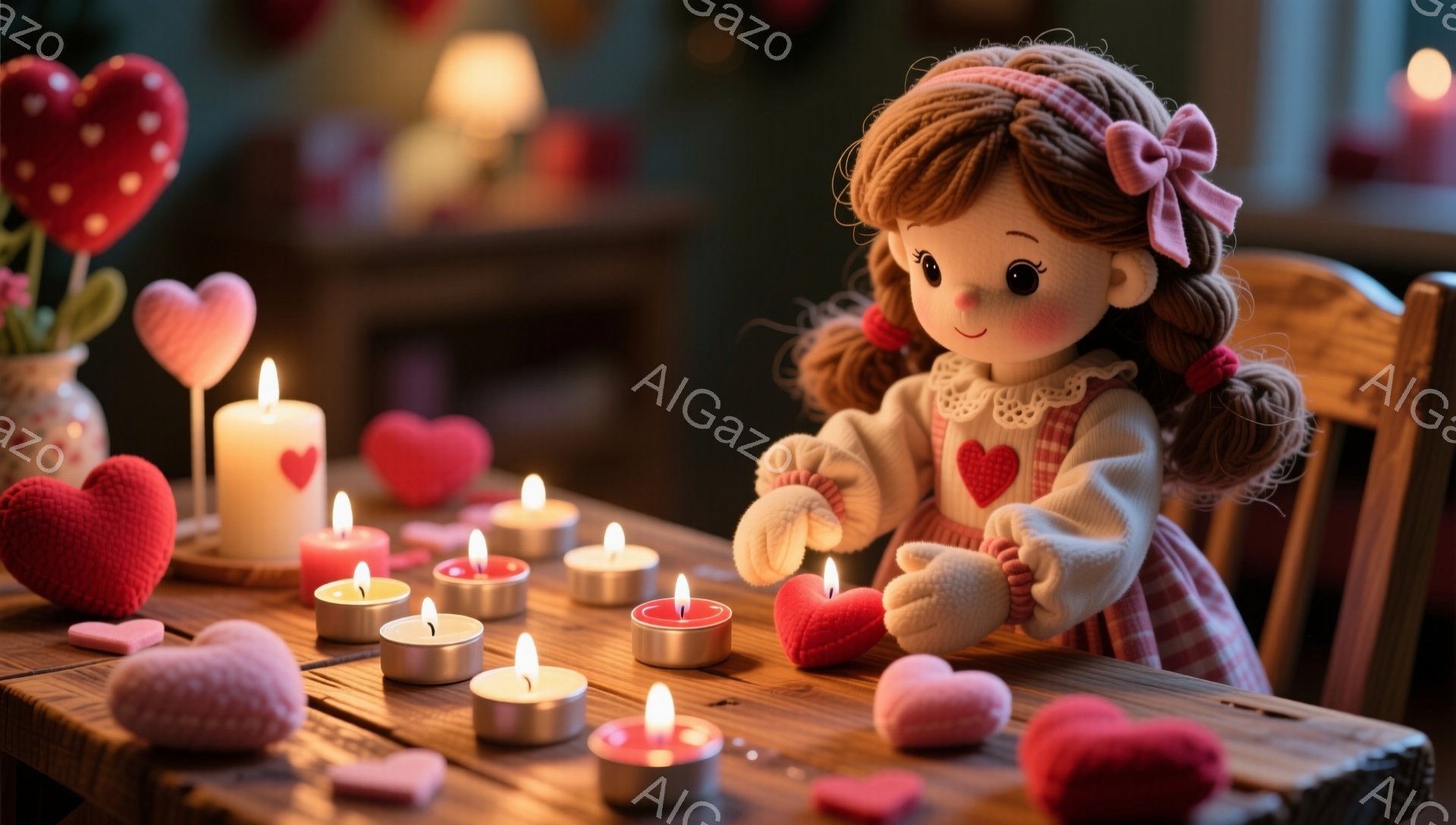 赤毛で巻き毛の少女は、赤いギンガムチェックのドレスと白いエプロンを着ており、髪はリボンで結ばれています。彼女は小さな赤いハート型のクッションを抱きかかえ、優しい表情をしています。背景にはキャンドルが灯り、テーブルの上にハート型の装飾が散りばめられており、温かくロマンチックな雰囲気が漂っています。