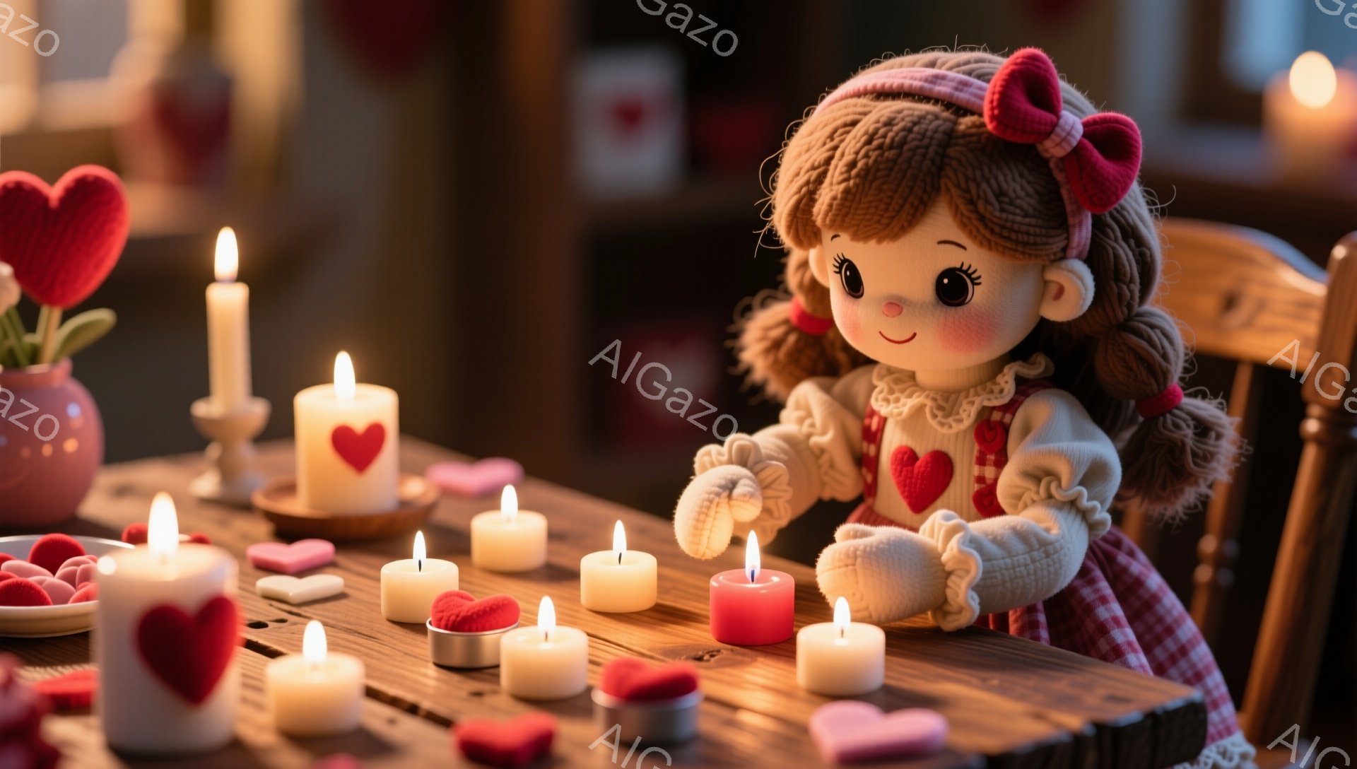 赤い髪を二つに結んだ人形が、チェック柄のワンピースと白いエプロンを着て、木製のテーブルに座っています。周りにはたくさんの火のついたキャンドルとハートの形をしたチョコレートや飾りがあり、ロマンチックな雰囲気です。背景には木製の椅子や装飾が見え、暖かく優しい光が全体を包んでいます。