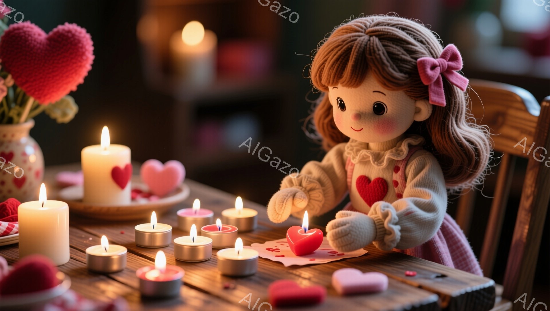 明るい赤毛の巻き髪にピンクのリボンをつけた少女が、テーブルの上でハート型の赤い粘土を手に持っています。彼女はピンクの縁飾りの白いワンピースを着ており、優しい笑顔を浮かべています。テーブルにはたくさんの点灯したキャンドルとハート型の飾りがあり、背景には赤いハートのブーケが飾られ、全体的に温かくロマンチックな雰囲気を醸し出しています。