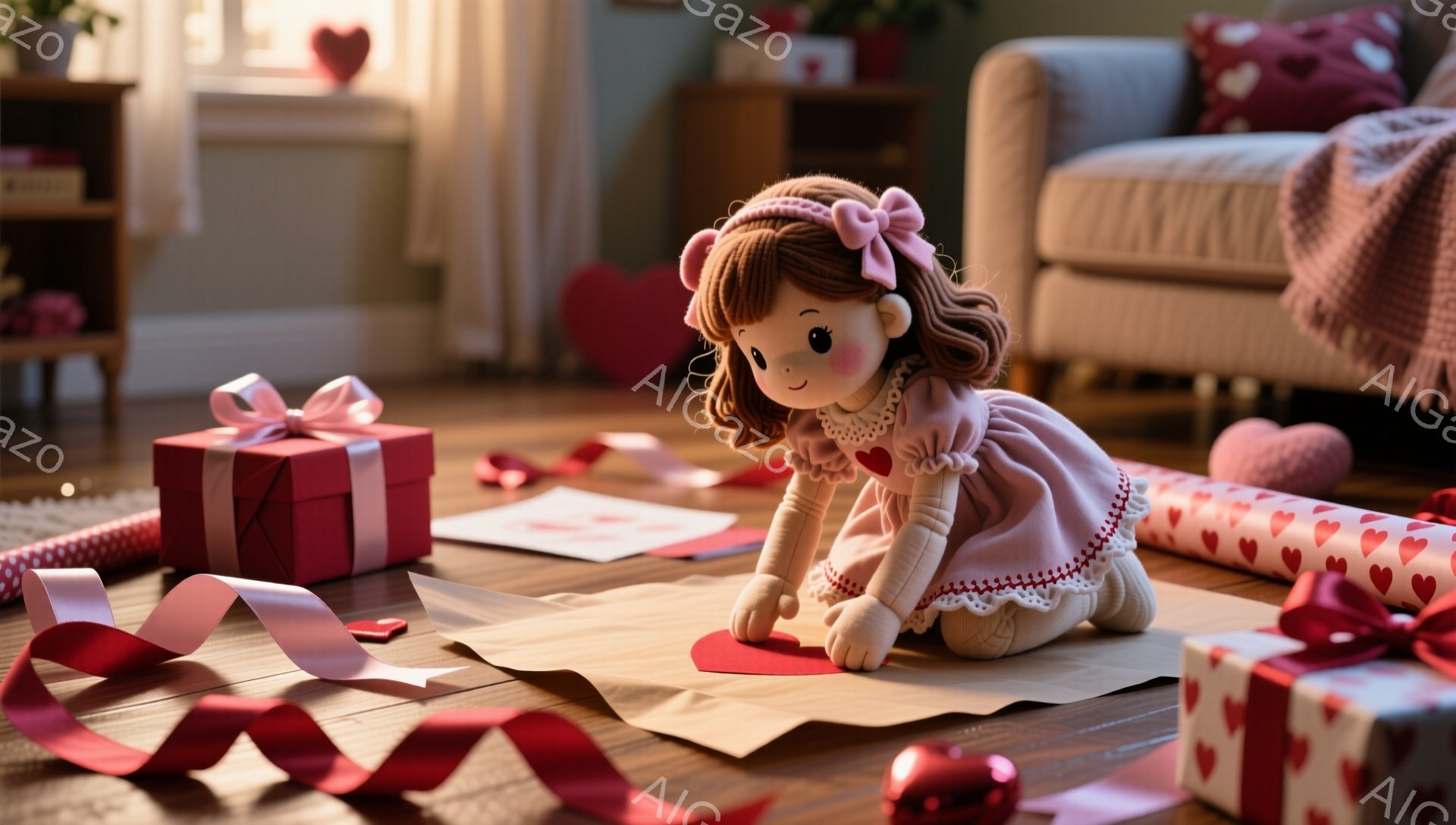 赤毛で巻き髪の女の子の人形が、ピンク色のフリル付きのワンピースを着て床に座っています。彼女は赤いハートの形をした紙を切っており、背景にはギフトボックス、リボン、その他のハート型の装飾が散らばっています。部屋は暖色系の色調で、柔らかく心地よい雰囲気です。