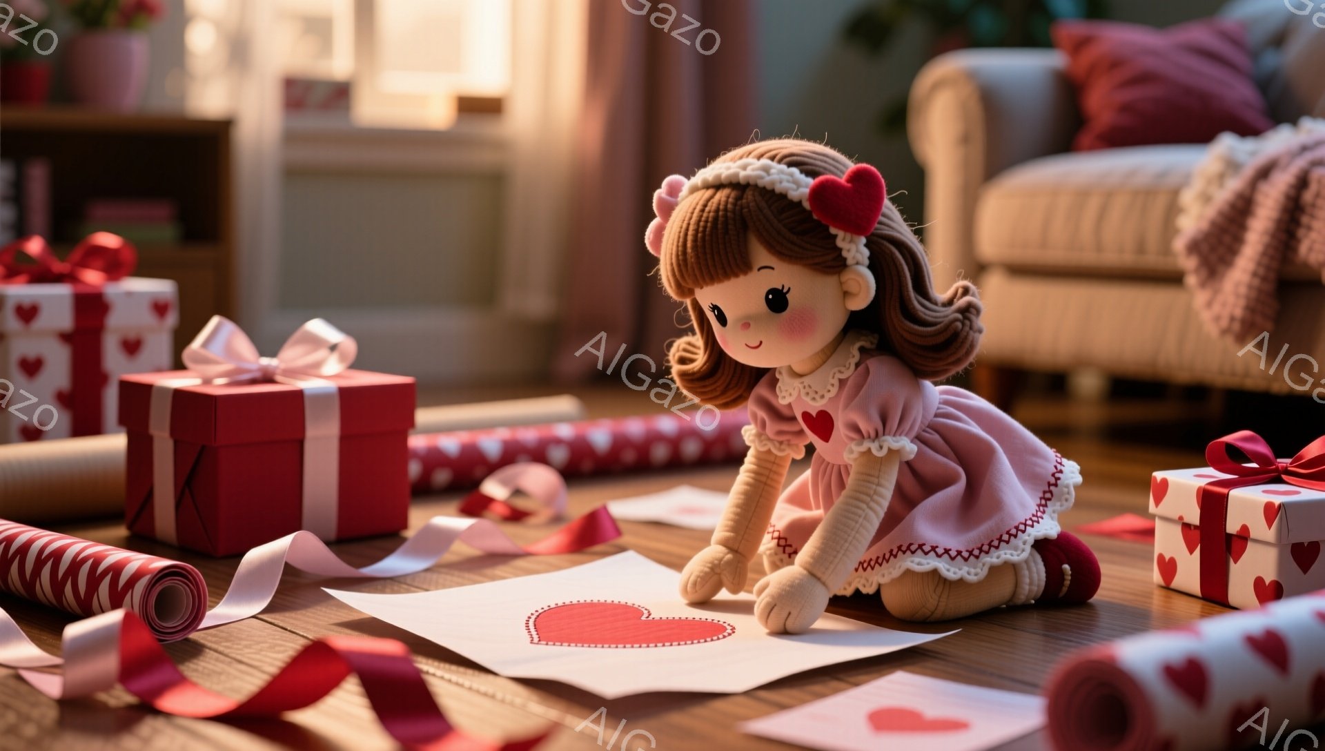 明るいリビングルームの床に、ピンク色のワンピースを着た女の子の人形がひざまずいて、赤いハートの切り紙を作っています。人形は茶色の巻き毛で、赤いリボンをつけたヘアバンドをつけており、穏やかな表情をしています。背景には、赤いハート柄のギフトボックスや包装紙が散らばり、暖かく幸せな雰囲気が漂っています。