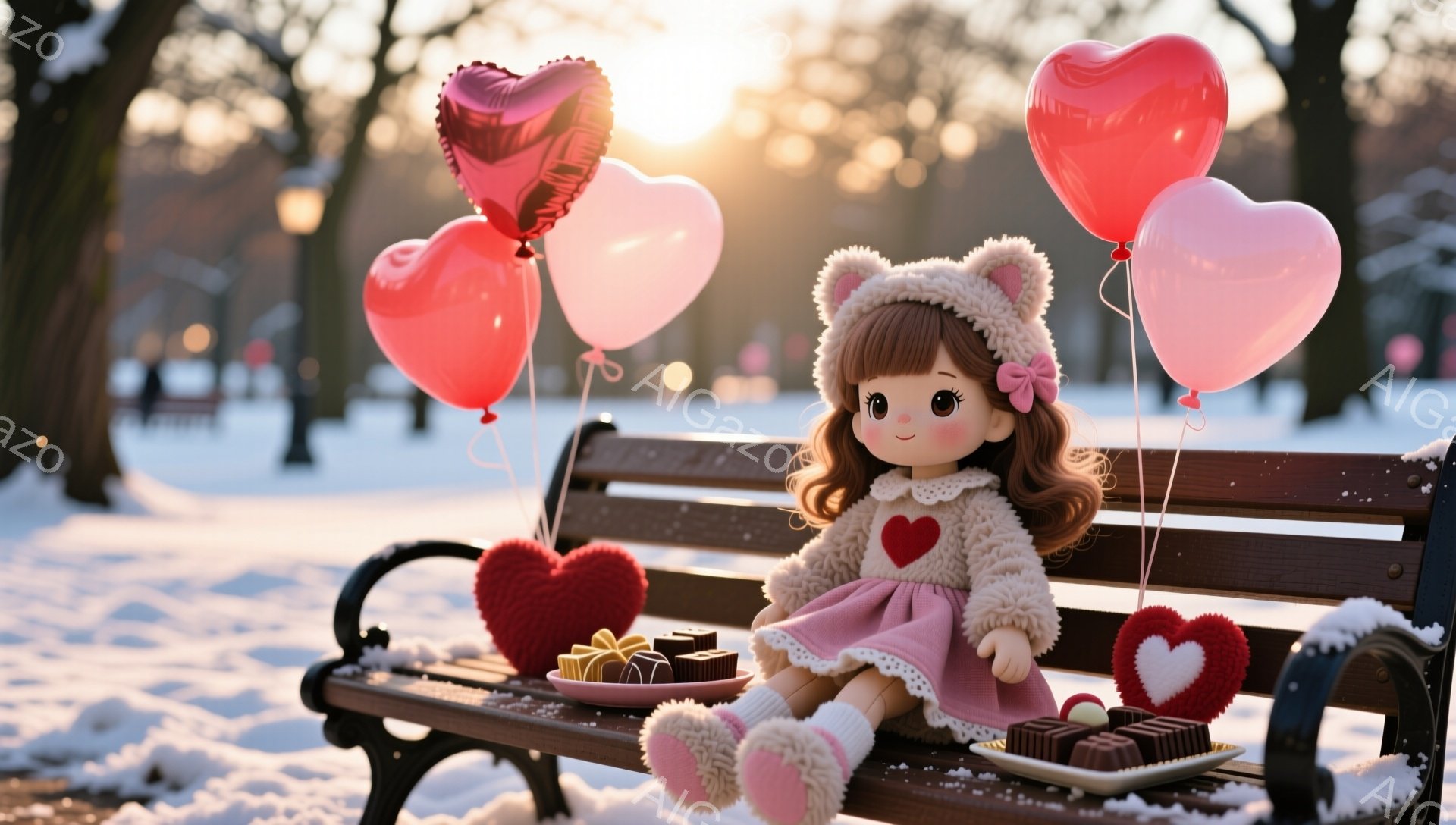 雪景色の中に置かれたベンチに、可愛らしい人形が座っています。人形はピンクのコートと帽子、そしてふわふわの靴下を身に着け、頬には赤色がほんのりと入っています。背景には雪に覆われた木々が広がり、空は夕焼け - AI生成フリー素材