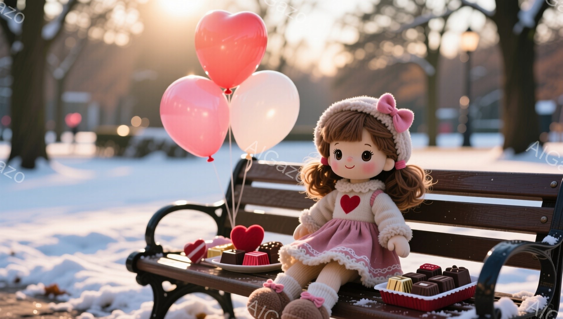 可愛らしい人形が雪景色の中のベンチに座っています。ピンクのワンピースに、白い帽子と靴を履き、茶色のカールした髪をしています。人形の周りには、ハート型のチョコレートやキャンディが置かれ、ピンクと白の風船が紐で結ばれています。