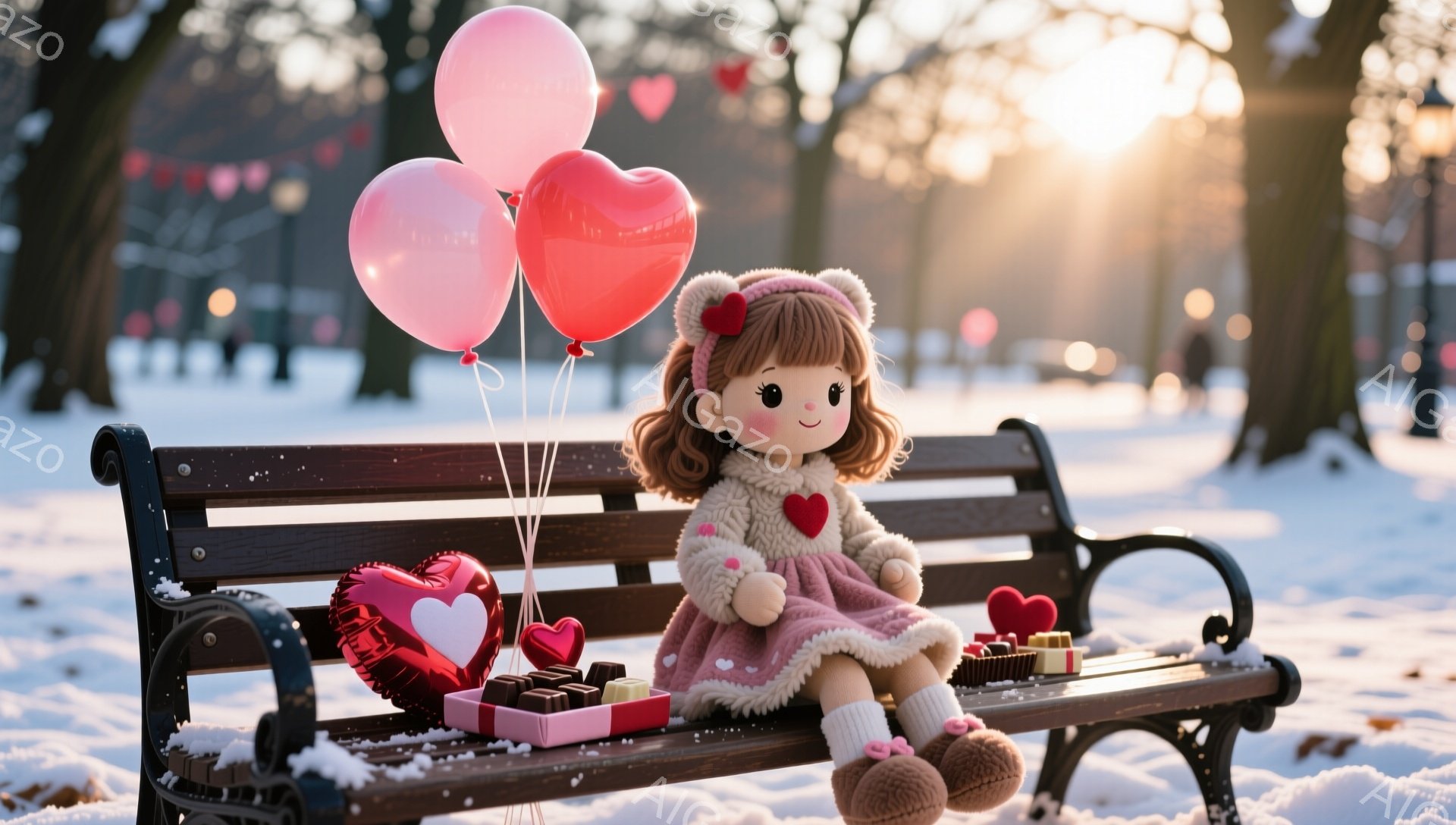 雪に覆われた公園のベンチに、可愛らしい人形が座っています。ピンク色の風船とハート型のバルーンを持ち、毛皮の縁取りが付いたピンク色のコートと茶色のブーツを身につけています。背景には雪景色と、ぼんやりと見える木々と遠くの建物があり、ロマンチックで温かい雰囲気が漂っています。