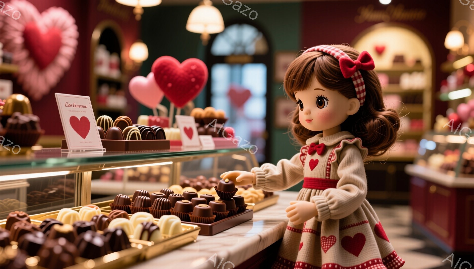 人形がチョコレートのショーケースの前に立っており、右手を伸ばしてチョコレートを選ぼうとしています。人形は赤いハート模様のワンピースと、オフホワイトのニットカーディガンを着ており、茶色の巻き毛のヘアスタ - AI生成フリー素材