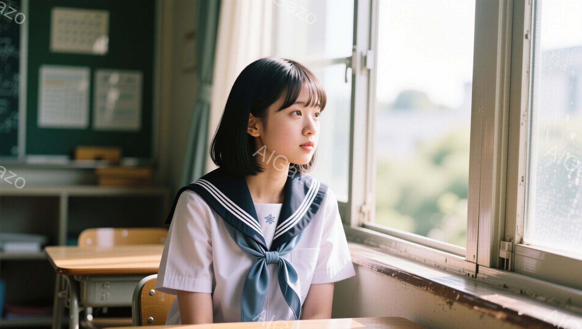 短い黒髪の女子学生が教室の窓際に座り、外を見つめている。白いブラウスに濃い青色のリボンとセーラーカラーの制服を着ており、物憂げな表情をしている。窓の外には緑豊かな木々が見え、穏やかな日差しが差し込んで - AI生成フリー素材