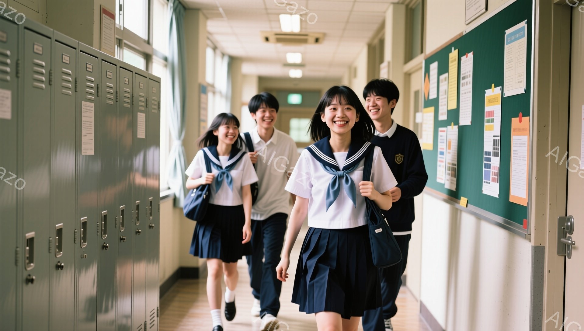 制服を着た女子生徒が廊下を先頭に歩いており、その後ろには男子生徒が二人続いています。女子生徒は明るい笑顔でカメラ目線、男子生徒も楽しそうな表情で、皆リラックスした雰囲気です。背景には緑色のロッカーと掲 - AI生成フリー素材