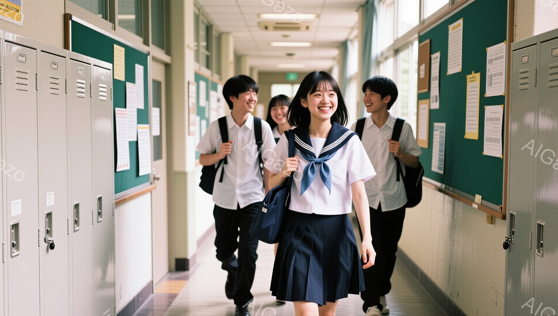制服を着た女子高生が廊下を歩いており、明るい笑顔を浮かべている。彼女はセーラー服にプリーツスカート、そして肩から下げたバッグを身につけている。背景には、同じ制服の男子生徒たちがおり、廊下の壁にはロッカーや掲示板が見える、学校の日常的な風景だ。