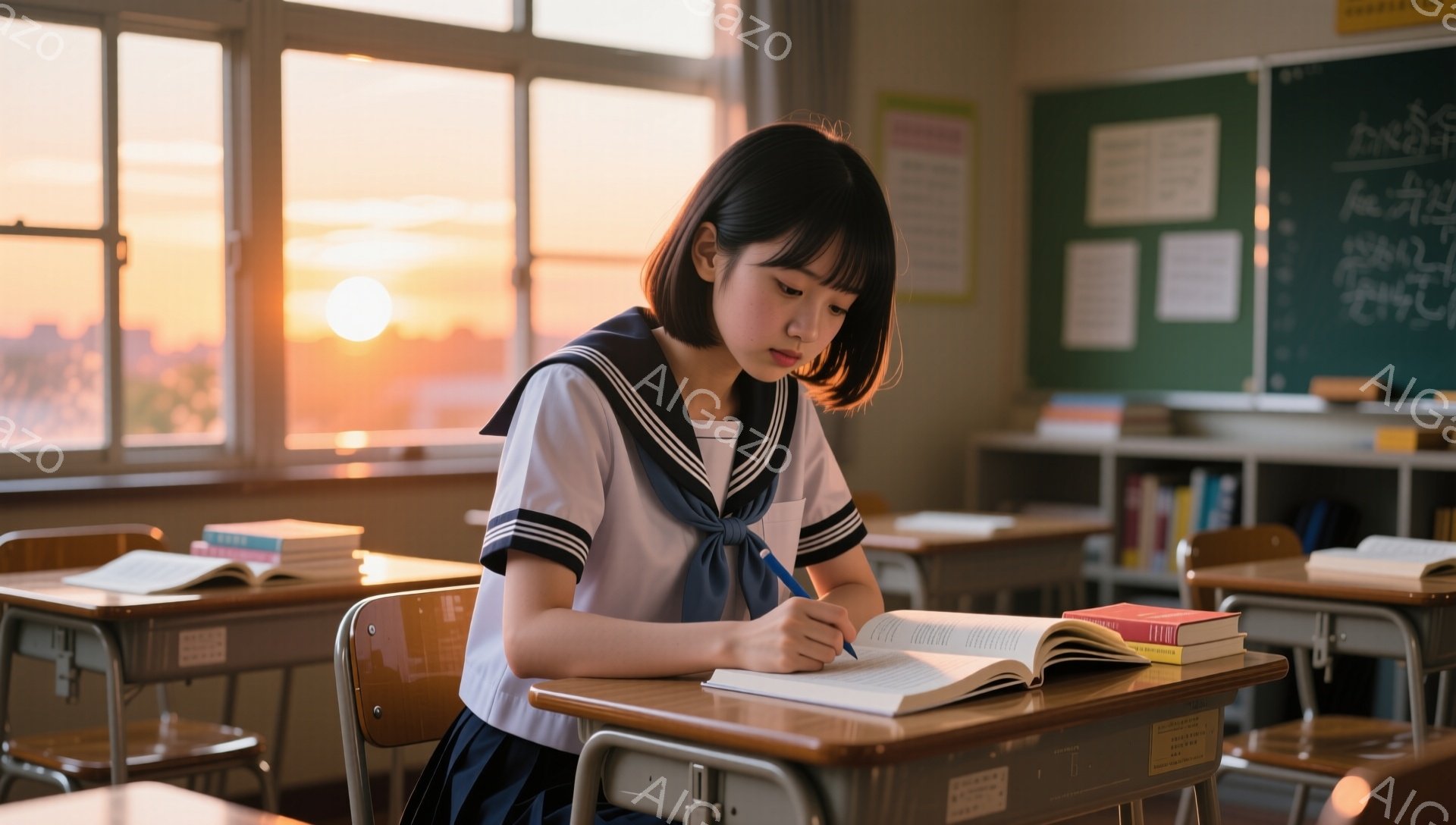 制服を着た女子学生が教室で机に向かい、本に書き込みをしている。彼女は黒髪で、前髪は眉毛にかかる程度に整えられており、集中した表情でペンを走らせている。窓の外には夕焼けが見え、教室全体がオレンジ色の光に - AI生成フリー素材