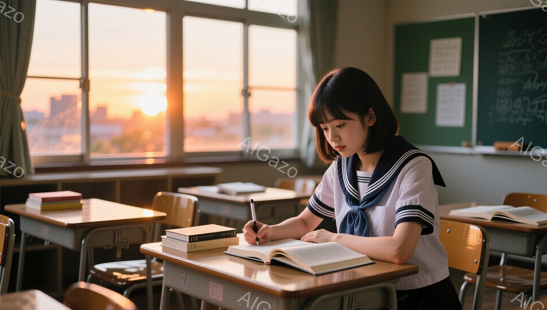 制服姿の女子学生が教室で勉強している様子が写っている。彼女は紺色のセーラー服を着ており、肩までの長さの黒髪をサイドパートにしている。夕焼け空を背景に、机に向かって真剣な表情でペンを走らせ、集中して勉強 - AI生成フリー素材