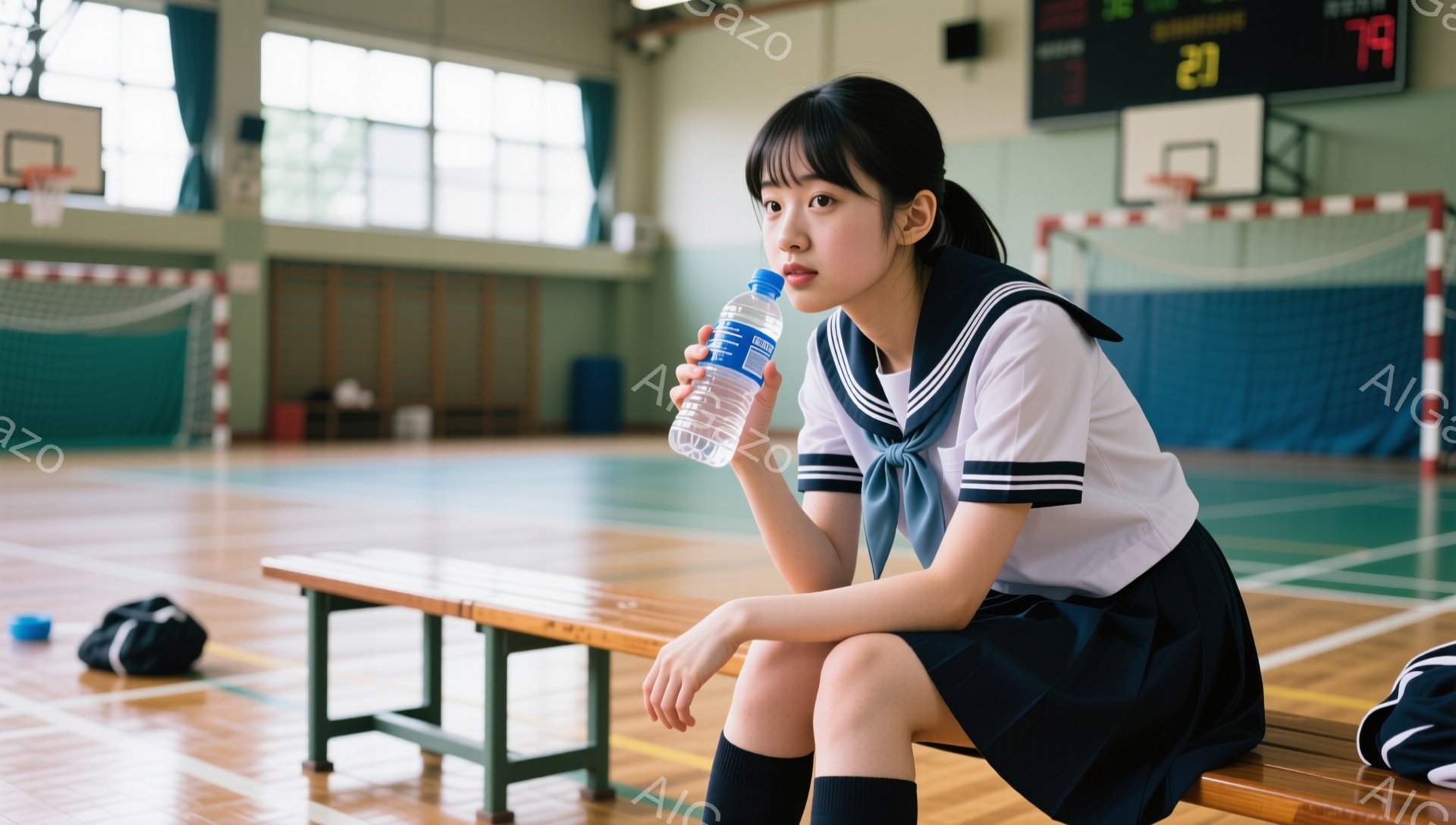 画像には、体育館のベンチに座る女子高生が写っています。彼女は白いブラウス、紺色のスカート、そしてリボン付きのセーラー服を着ており、長い黒髪を後ろでまとめています。少し疲れた表情で水筒を持ち、体育館のバスケットボールゴールやネットがぼやけて背景に見えます。