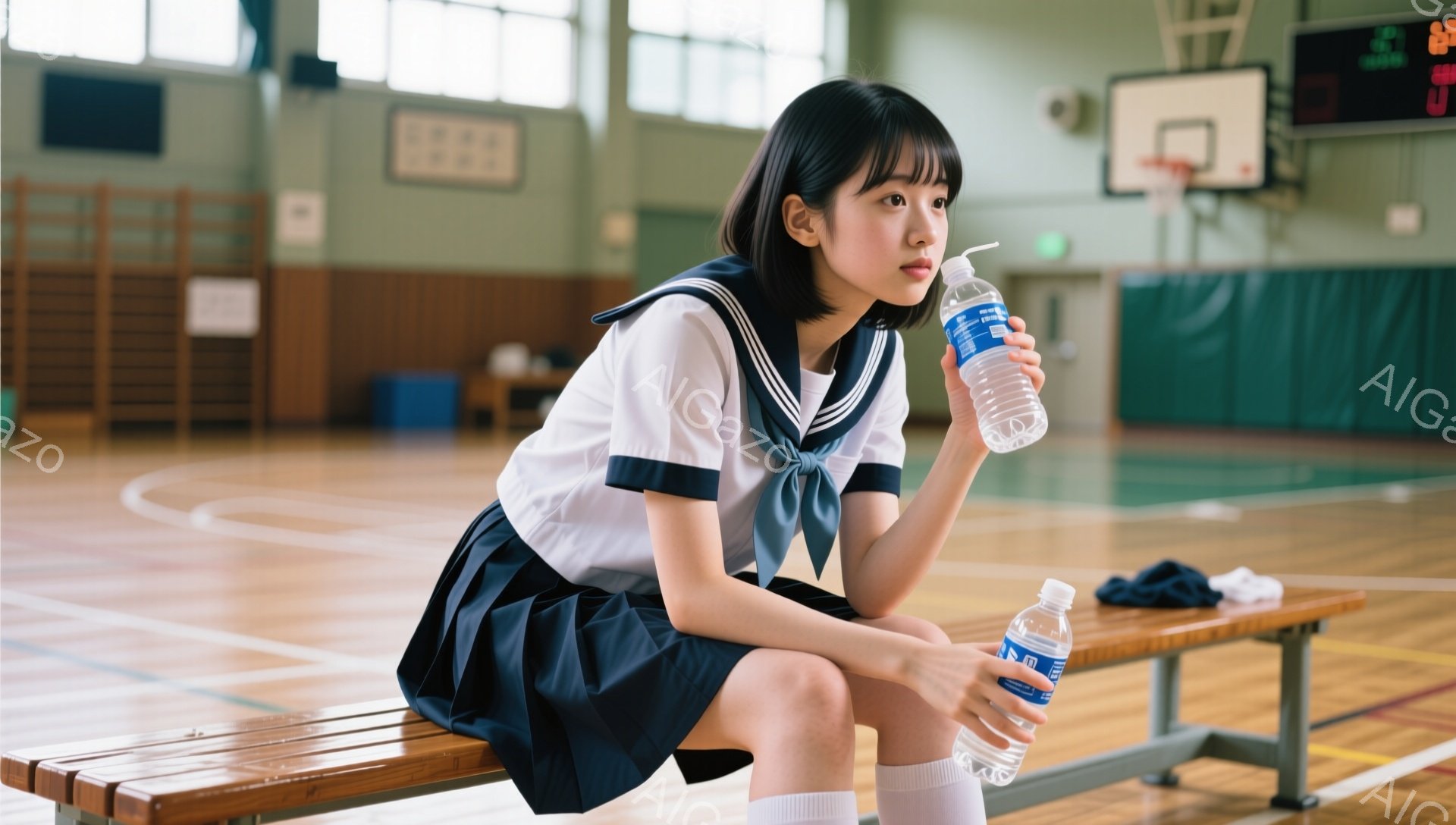 画像には、体育館のベンチに座る女子高生が写っている。彼女は紺色のセーラー服を着ており、短い黒髪で、少し憂いのある表情をしている。手に持ったペットボトルと、足元に置かれたもう一本のペットボトルから、運動後で少し疲れている様子が伺える。