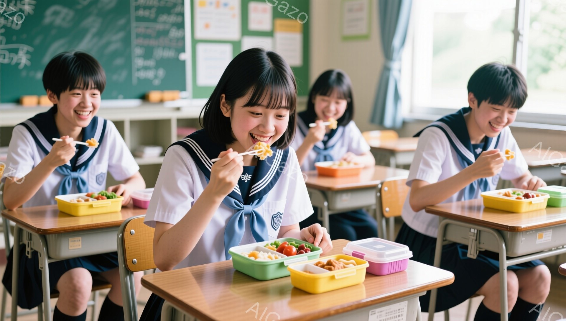 制服を着た女子高生たちが教室で昼食をとっている様子が写っています。紺色のブレザーとチェック柄のスカートを着用し、明るい笑顔で弁当を食べています。教室には木製の机と椅子が並び、黒板には何らかの文字が書かれており、温かく親しみやすい雰囲気です。