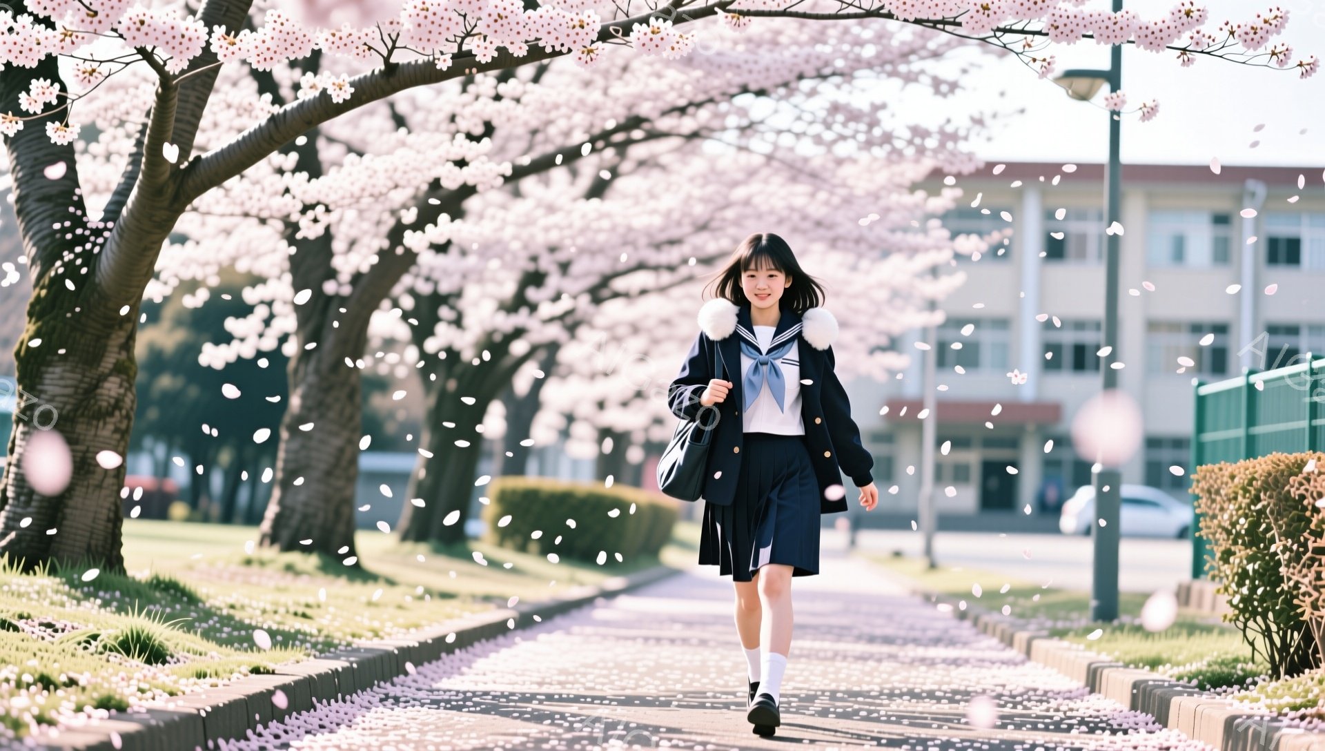 制服を着た若い女性が、桜の花びらが舞う並木道を歩いている。彼女は紺色のブレザーに白いセーター、チェック柄のスカートを着用し、黒い靴下と白いスニーカーを履いている。表情は明るく、少し微笑んでおり、春の訪 - AI生成フリー素材