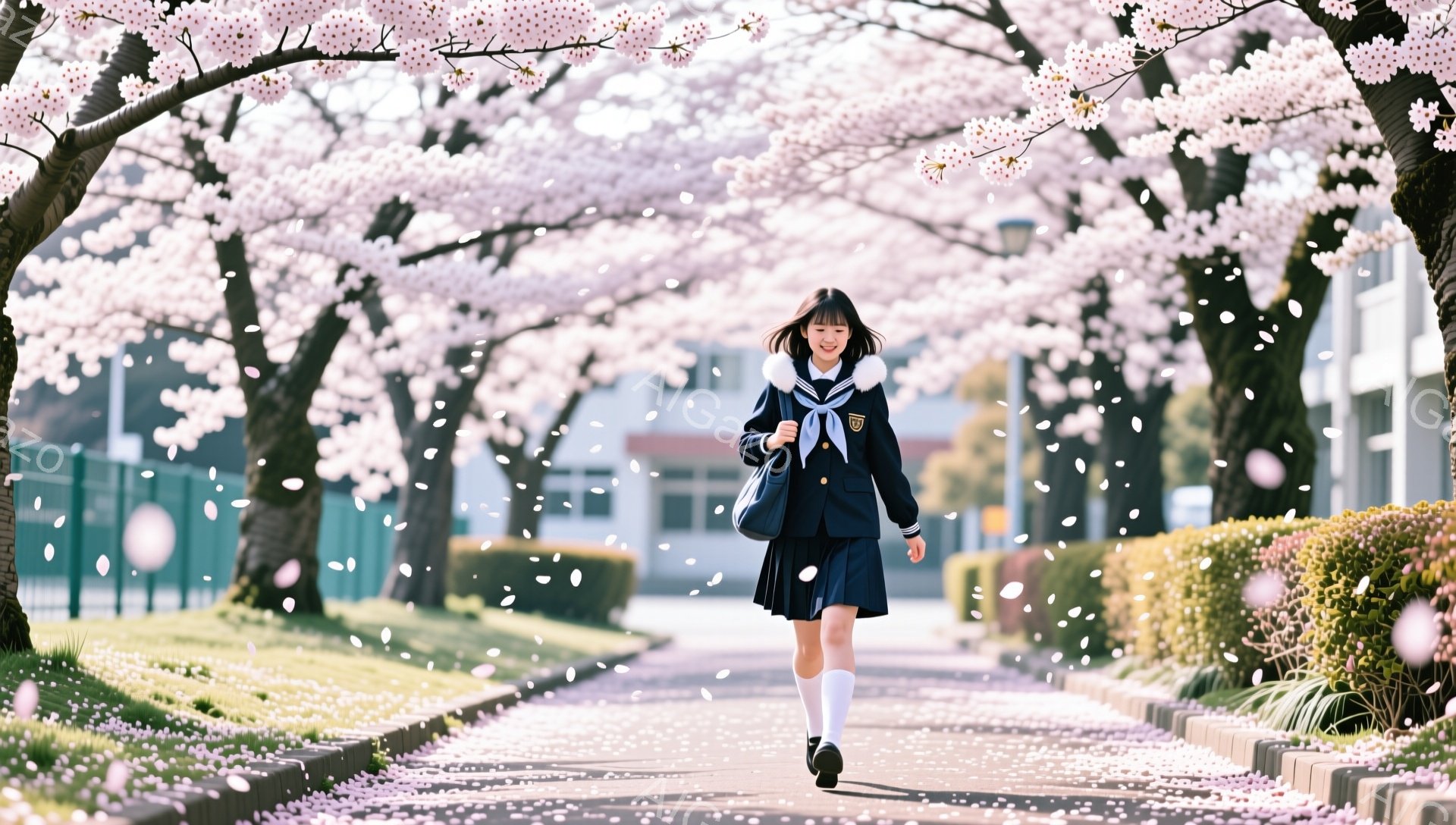 制服を着た女子学生が、桜並木の中を歩いている。彼女は紺色のブレザーとプリーツスカート、白いニーハイソックスを履いており、笑顔で前を見ている。背景には校舎が見え、桜の花びらが舞い散る春の穏やかな雰囲気が - AI生成フリー素材