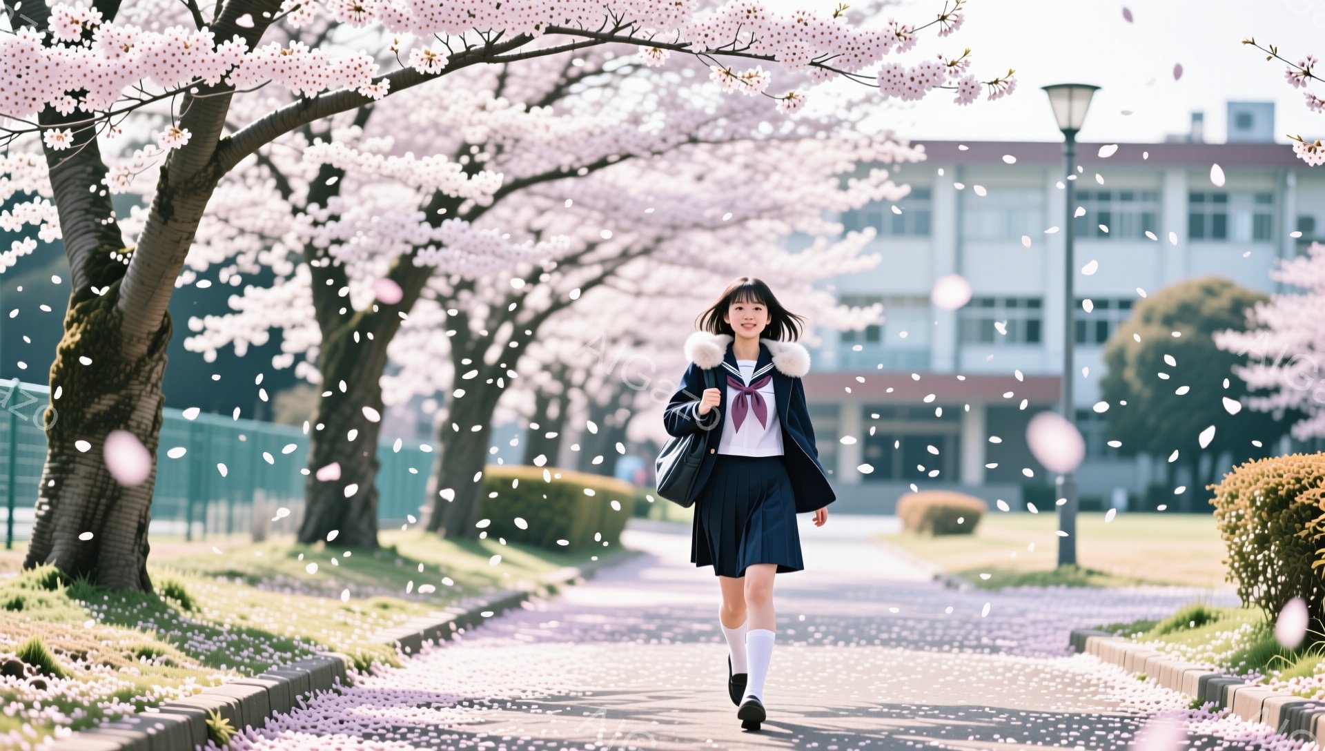 桜並木の中を、制服姿の少女が歩いている。紺色のスカートと白いブラウス、赤いリボンが印象的で、膝上までの白い靴下と白いスニーカーを履いている。背景には、桜の花びらが舞い散る学校の建物が見え、春の暖かく穏 - AI生成フリー素材